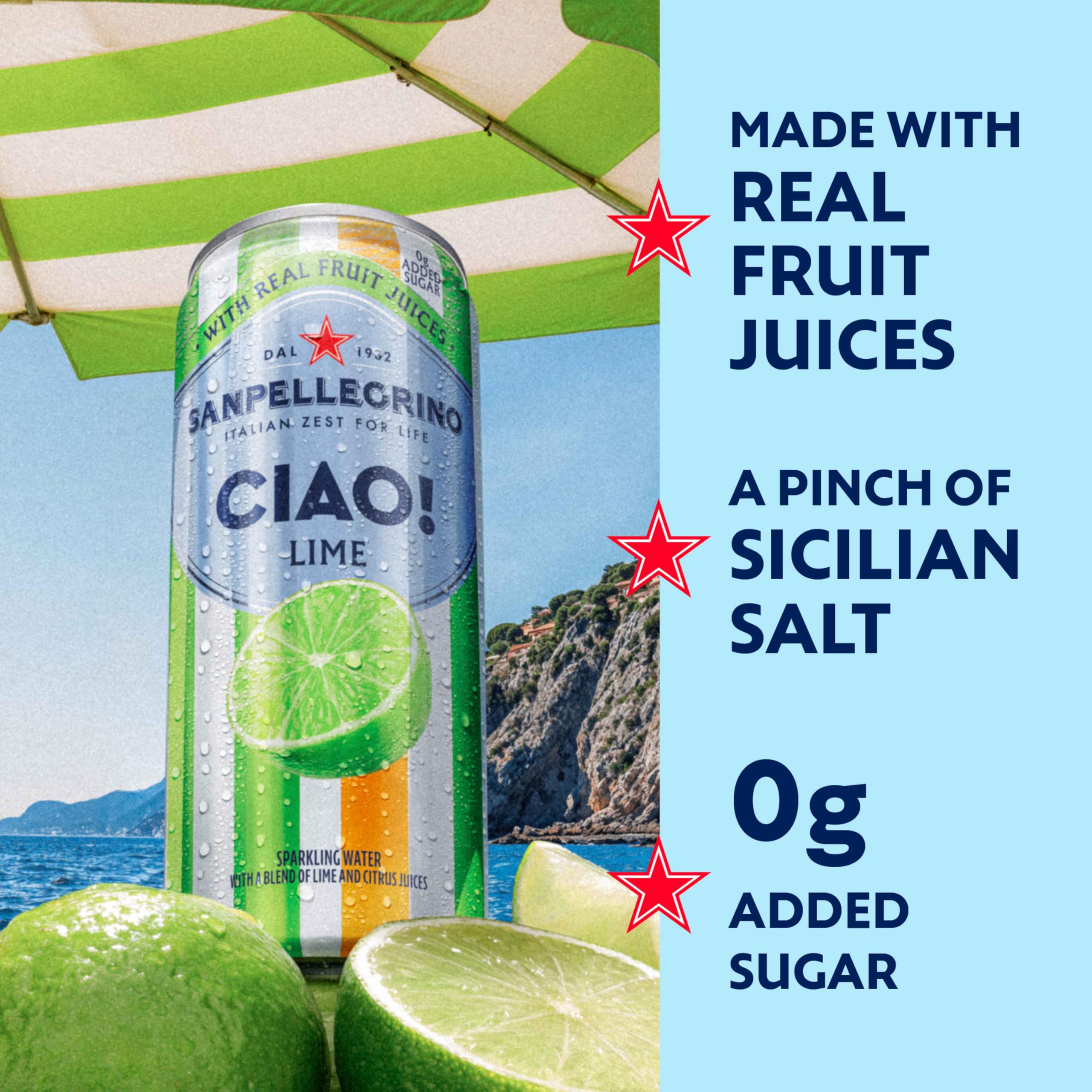 Sanpellegrino CIAO Lime ingredients close-up with real fruit juice and natural flavors