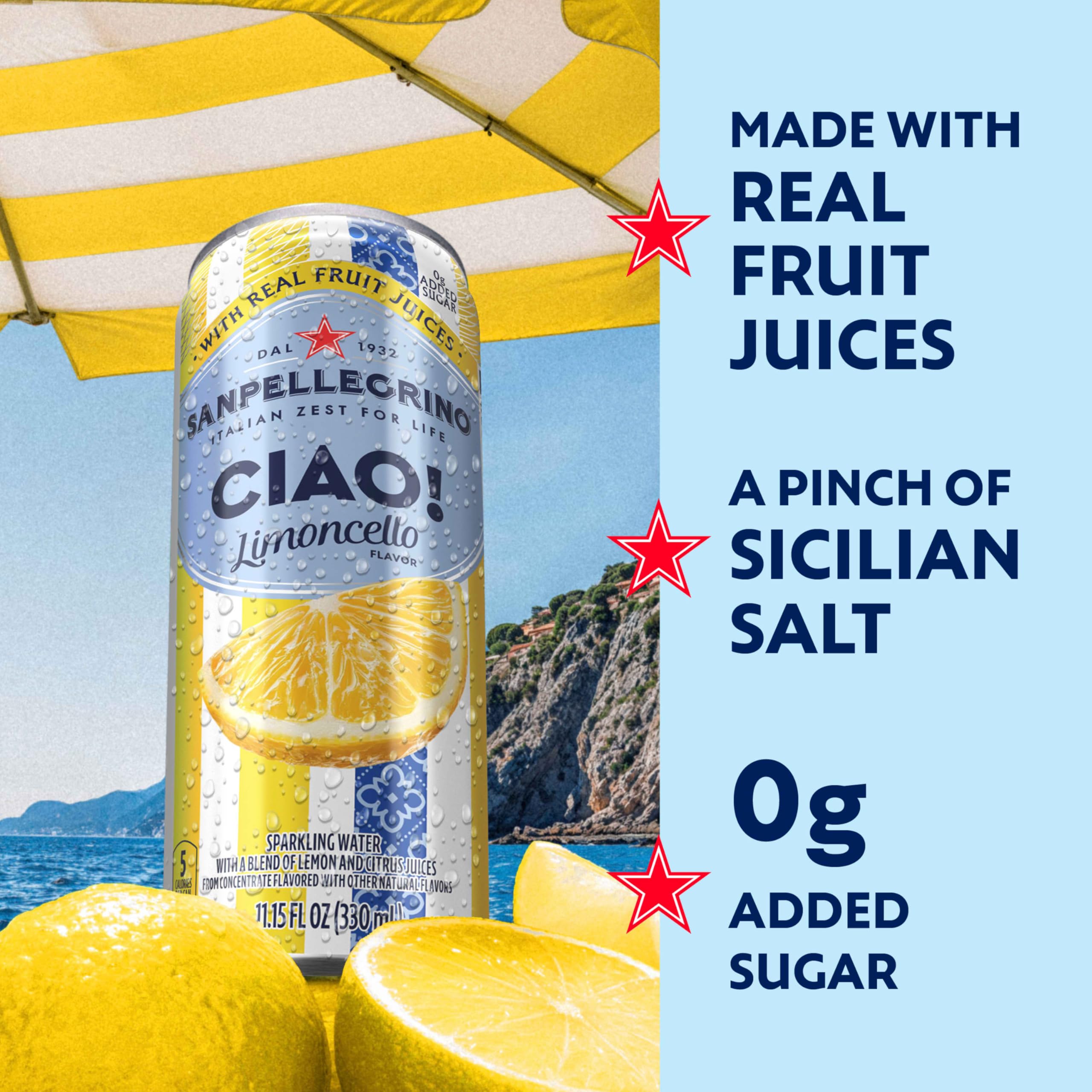 Close-up of CIAO Limoncello label with Sicilian salt note.
