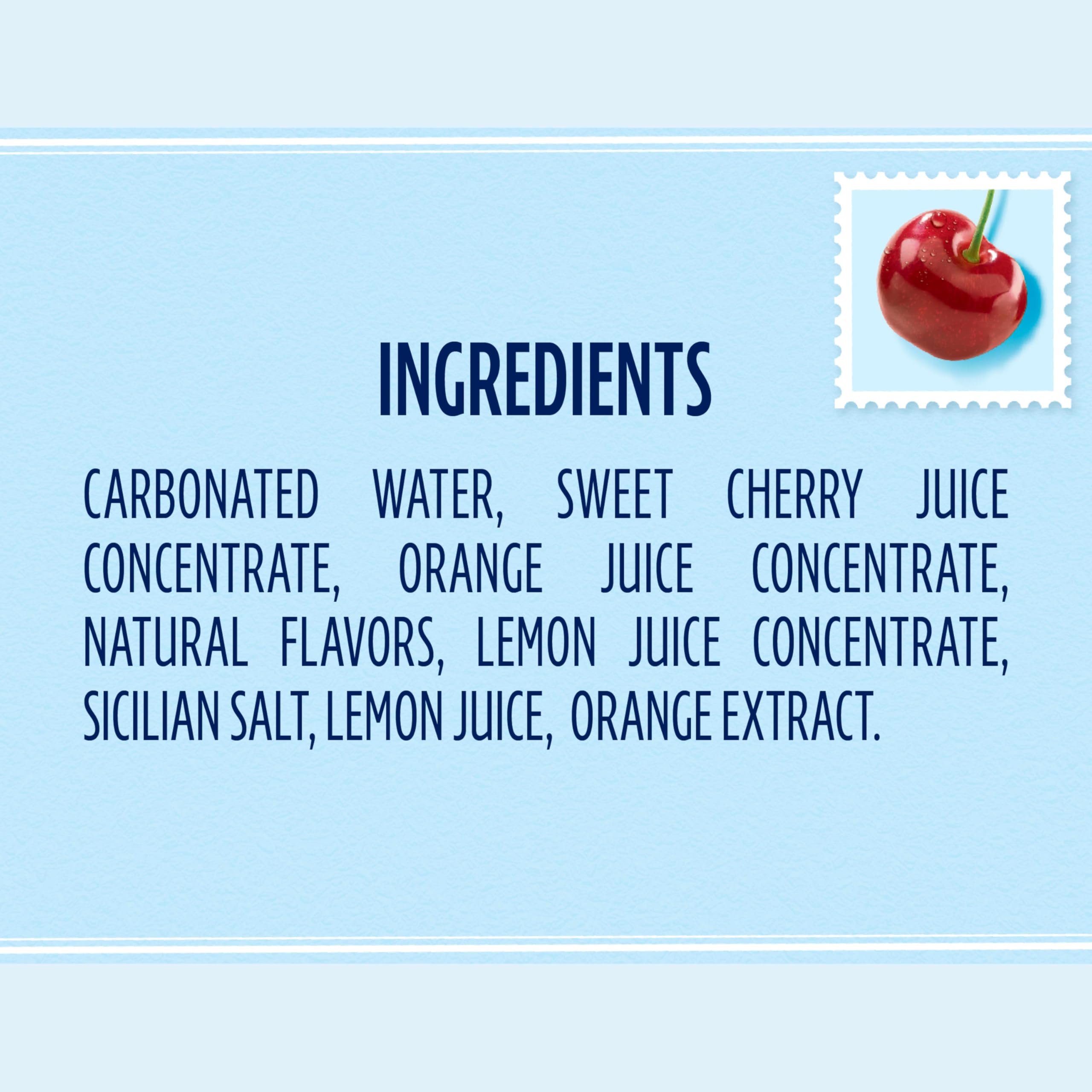 Chilled CIAO cherry beverage can on table with ice, low-calorie refreshment option