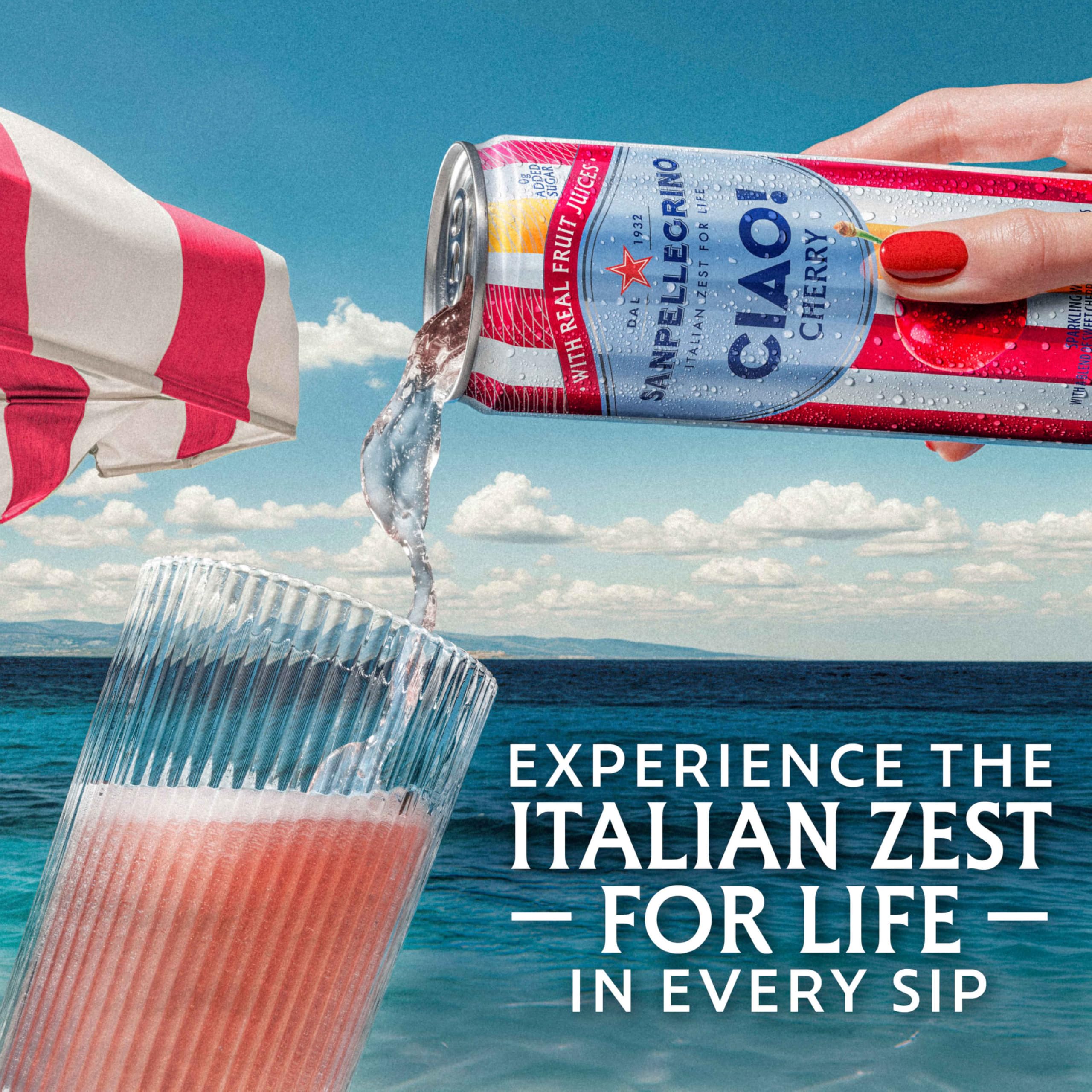 Real fruit juice label with cherry content, authentic flavor in San Pellegrino CIAO