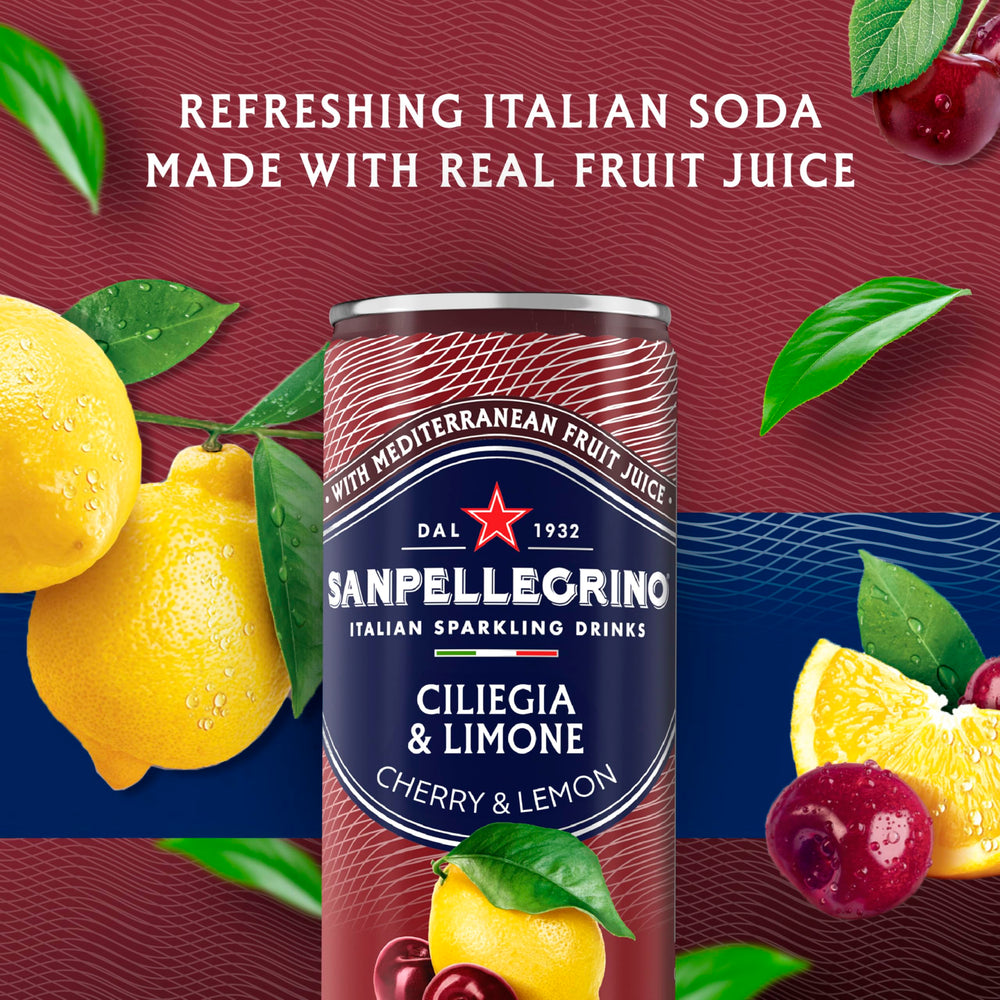 Ciliegia Limone label detail on a Sanpellegrino bottle showing Italian heritage and quality.