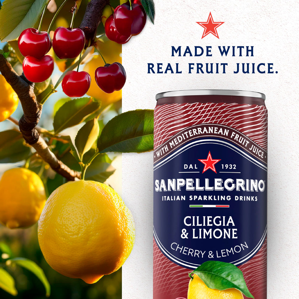Serving Sanpellegrino Ciliegia Limone over ice with a lemon twist, perfect for hot days.