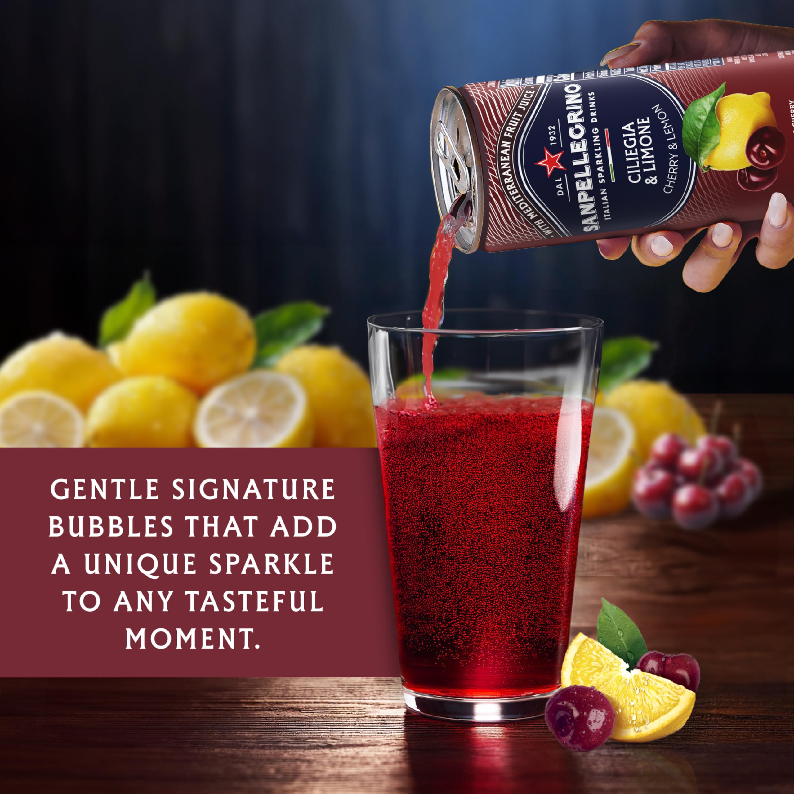 Sanpellegrino Ciliegia Limone sparkling beverage on a party table with glasses.