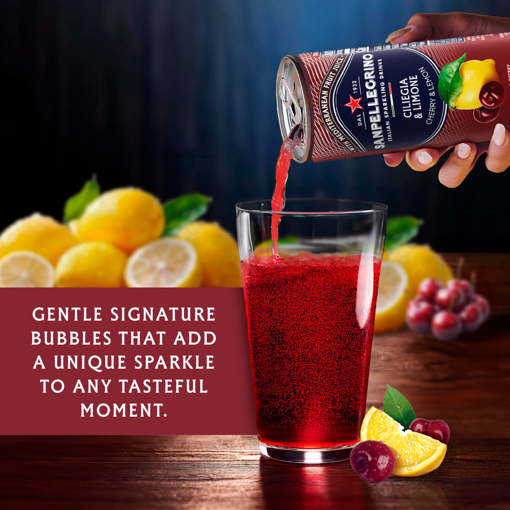 Sanpellegrino Ciliegia Limone sparkling beverage on a party table with glasses.