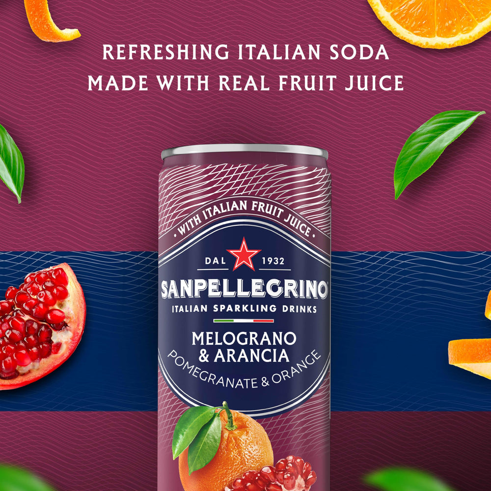 Close up of Sanpellegrino Melograno Arancia can highlighting real juice from concentrate
