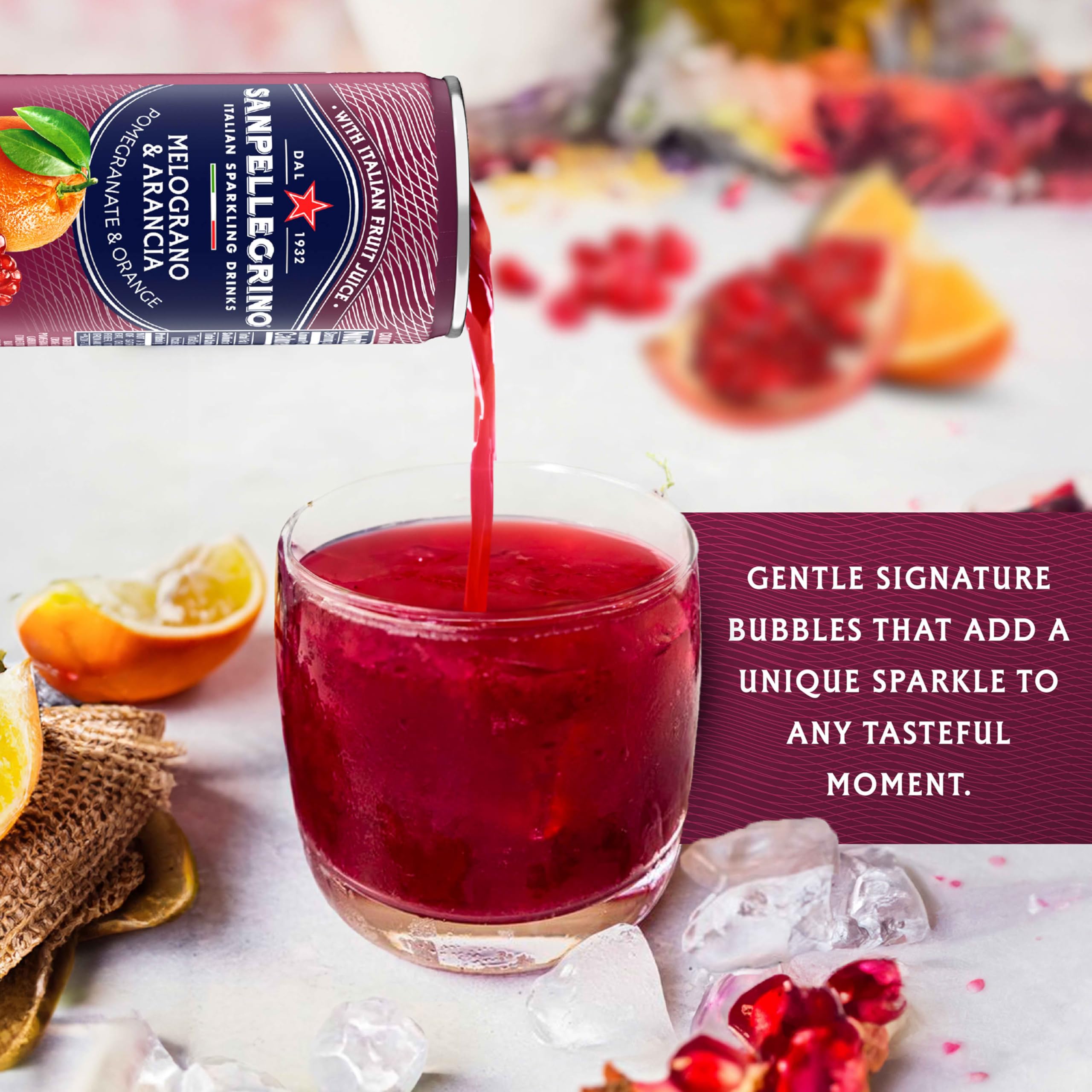 Label detail of Sanpellegrino Melograno Arancia emphasizing the Mediterranean fruit blend