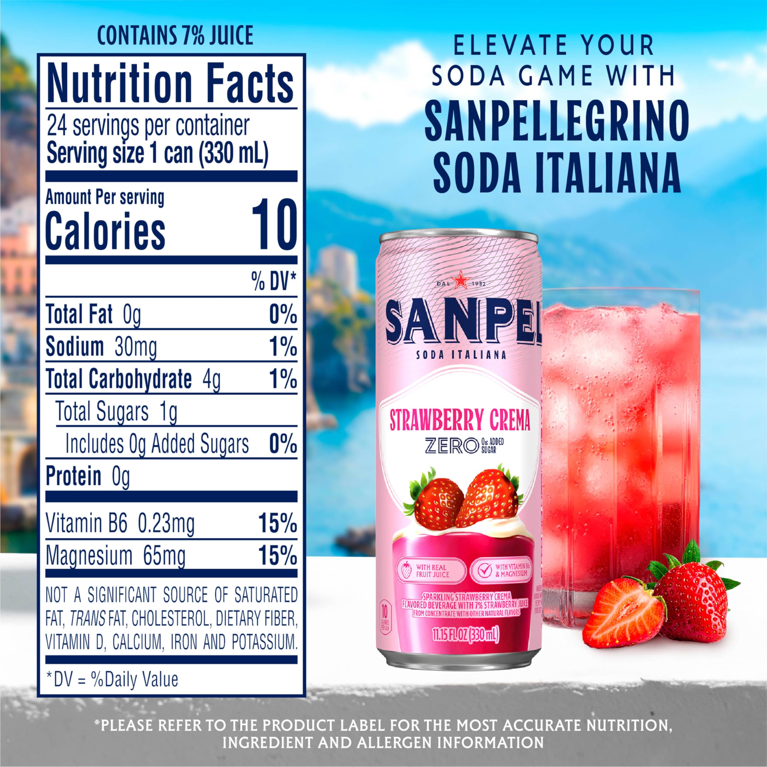 San Pellegrino Strawberry Crema glass with sparkling bubbles, ideal as a mixer