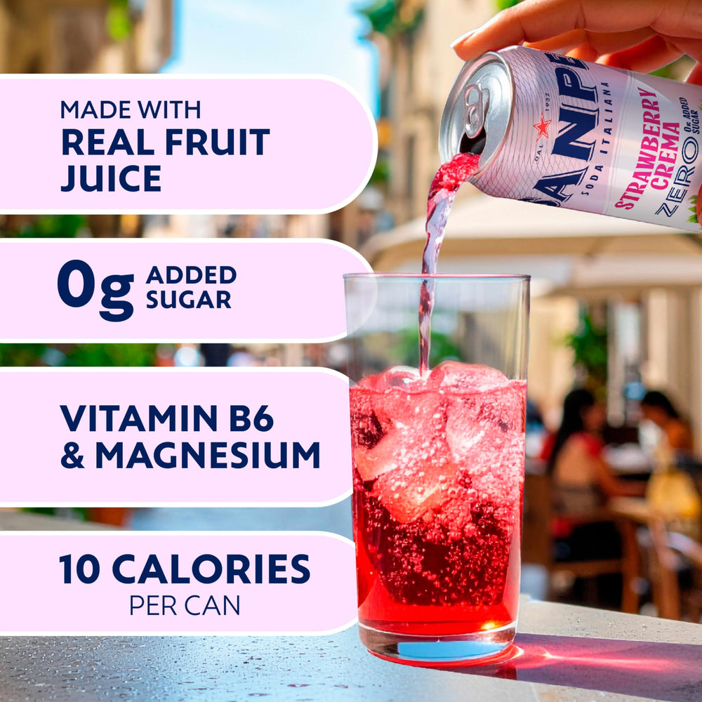 Pour San Pellegrino Strawberry Crema over ice for a light, fruity sip
