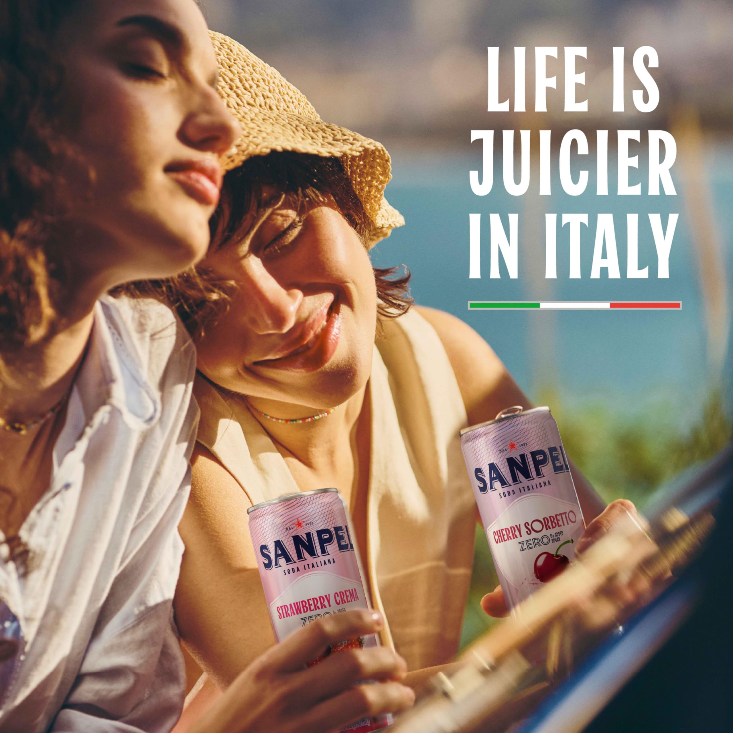 San Pellegrino 7% real strawberry juice highlighted in each can