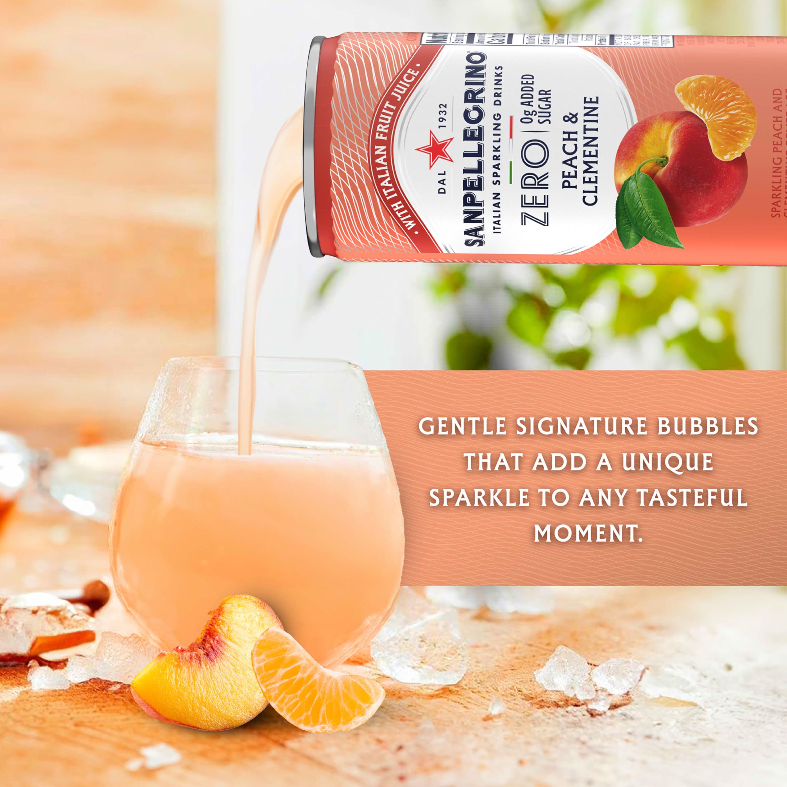 Real fruit juice visuals from Sanpellegrino with peach and Clementine notes.