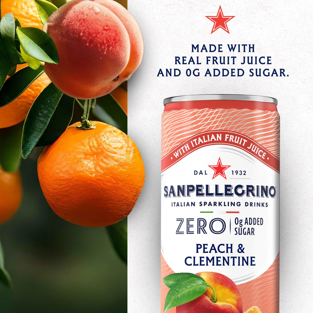 Pack of 24 Sanpellegrino Zero Grams Added Sugar on kitchen counter.