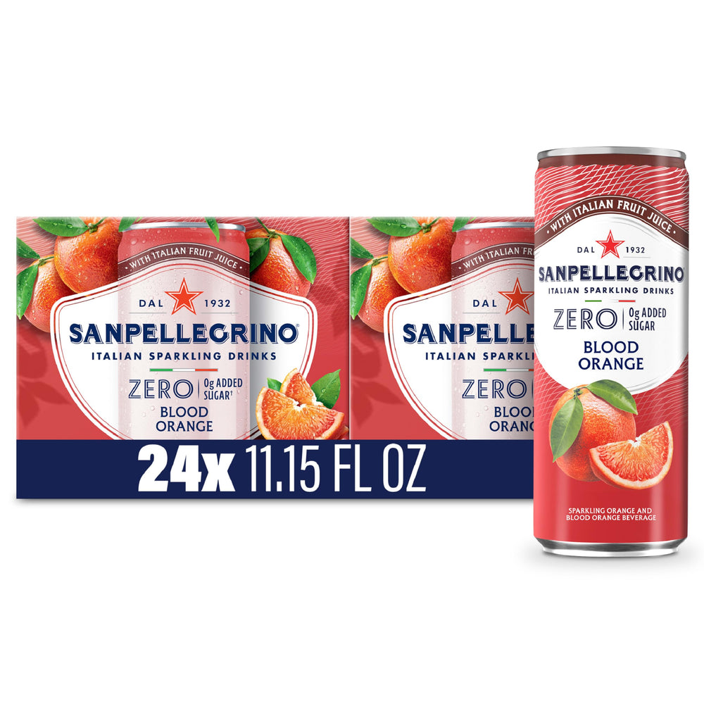 Sanpellegrino Zero Sugar Pomegranate-Orange can on a table, refreshing and low-calorie.