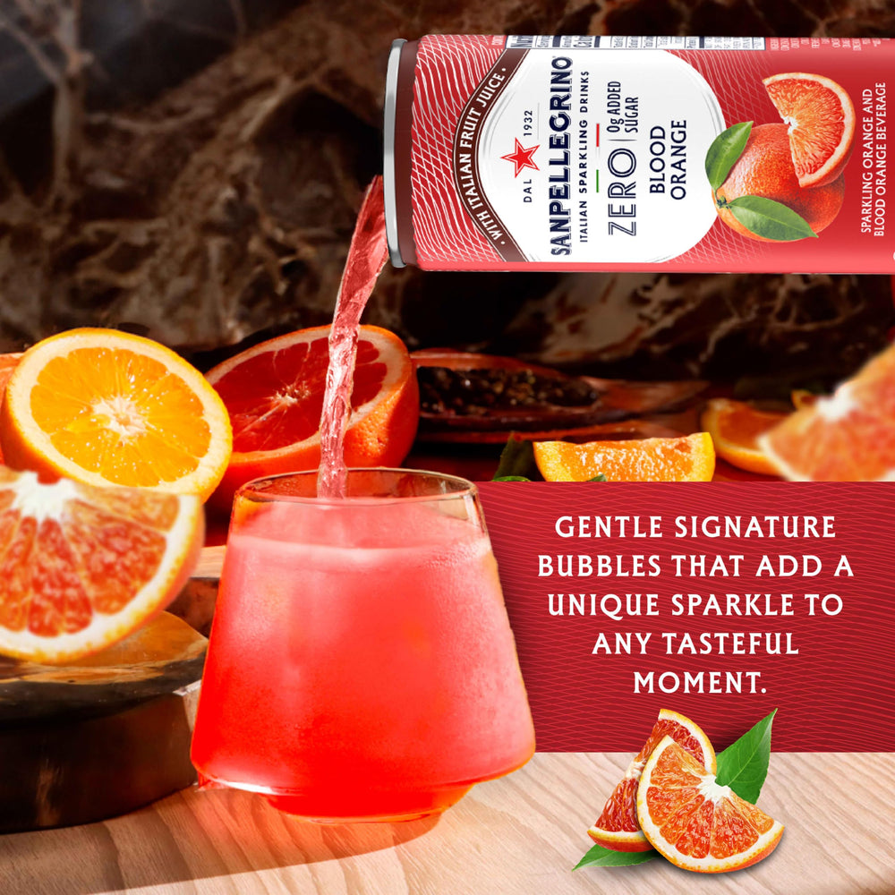 Sanpellegrino Zero Sugar Pomegranate-Orange close-up fruit imagery, emphasizing real juice.