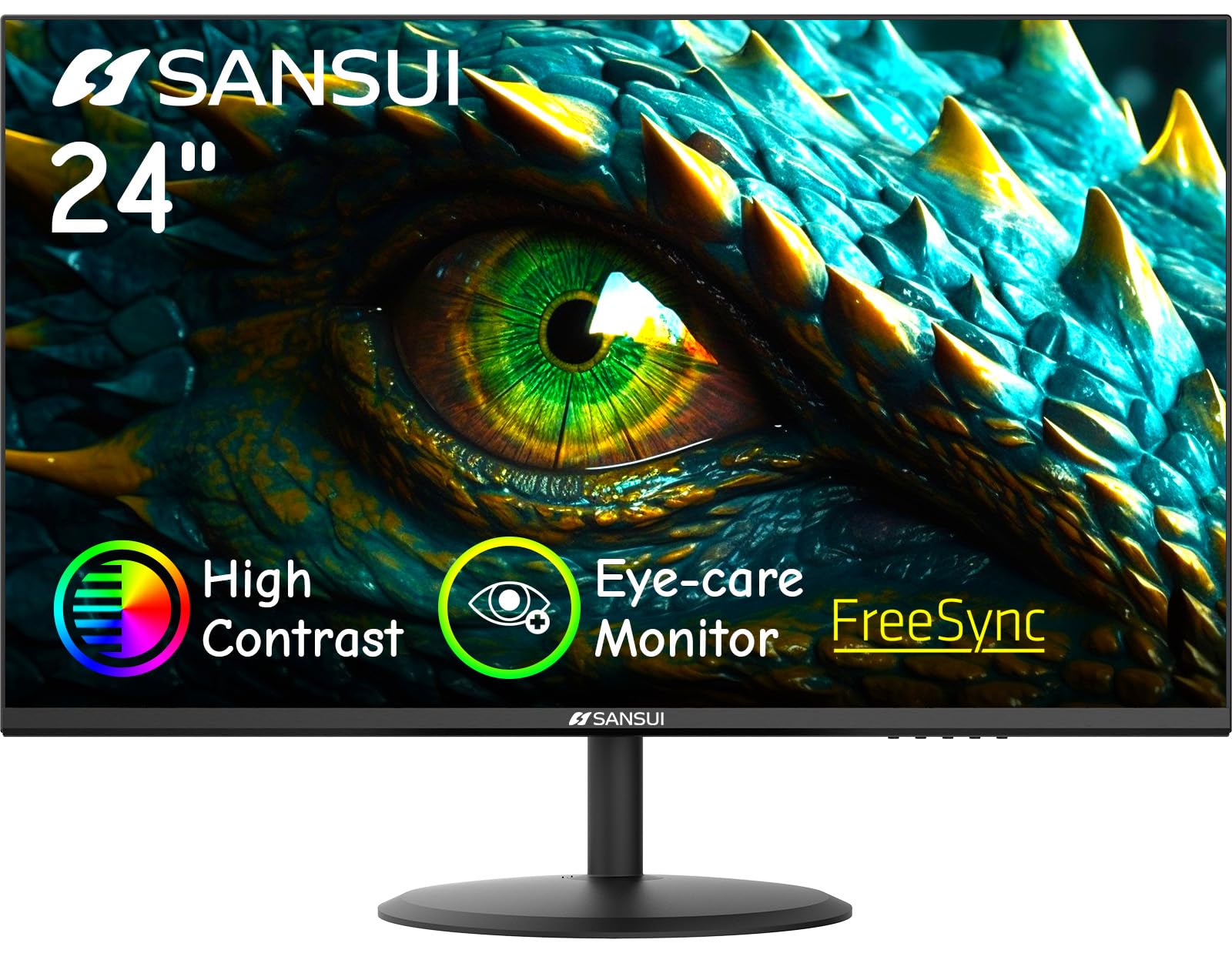 SANSUI 24-inch eye care monitor on a desk, ideal for home and office clarity.