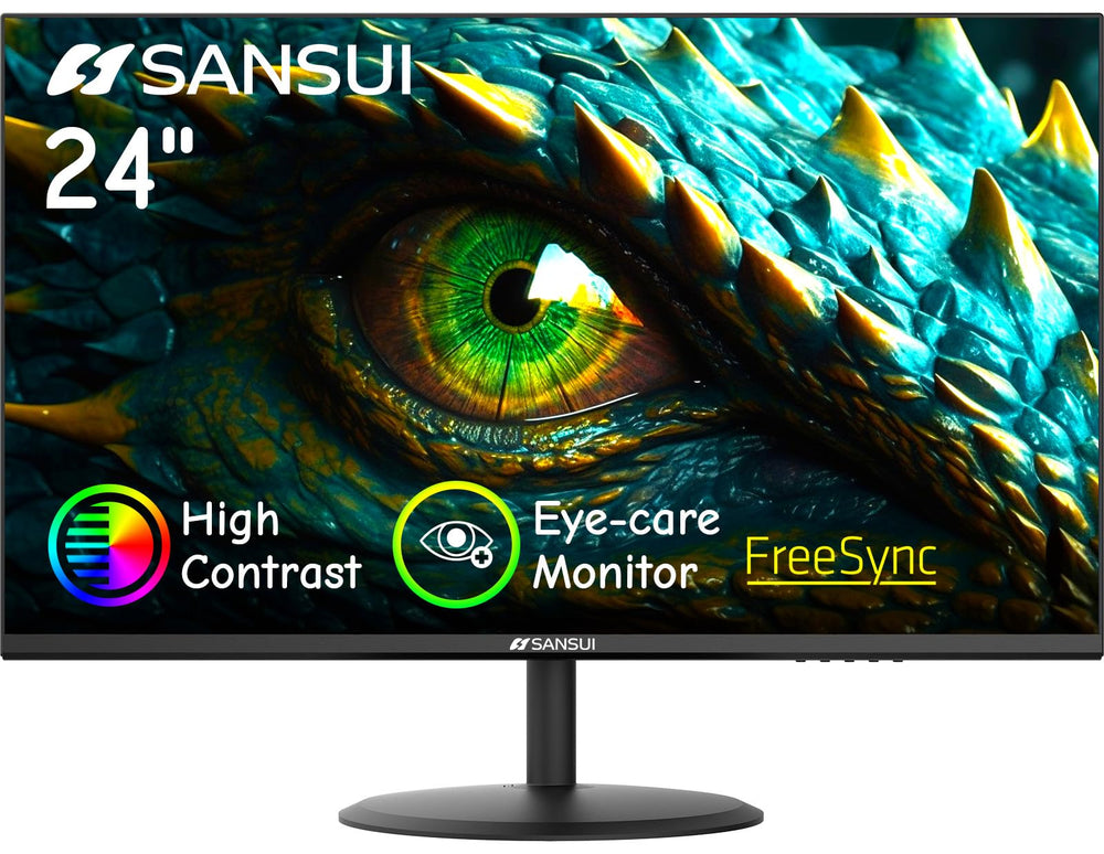 SANSUI 24-inch eye care monitor on a desk, ideal for home and office clarity.