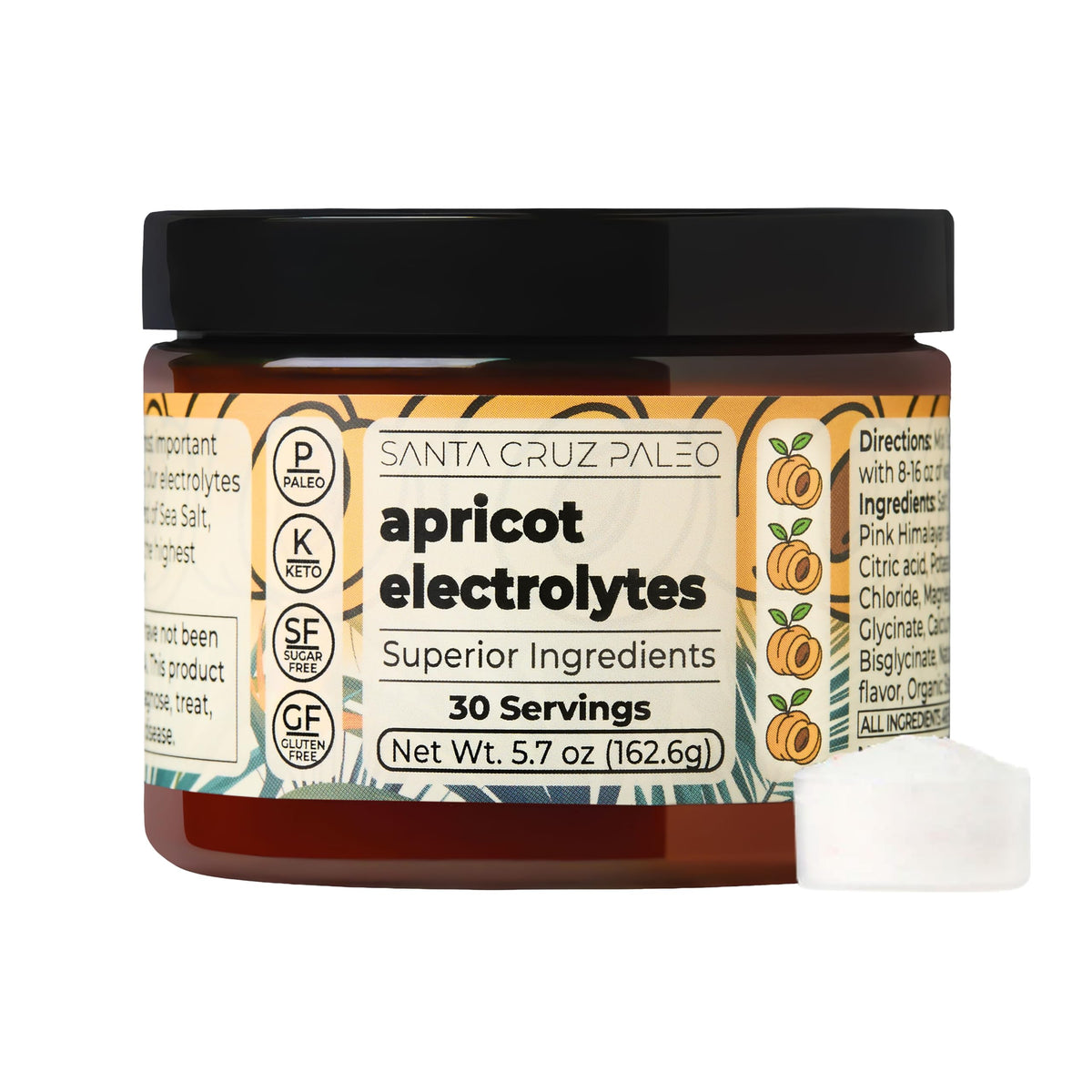 Santa Cruz Paleo Apricot Electrolyte bottle closeup for convenient hydration