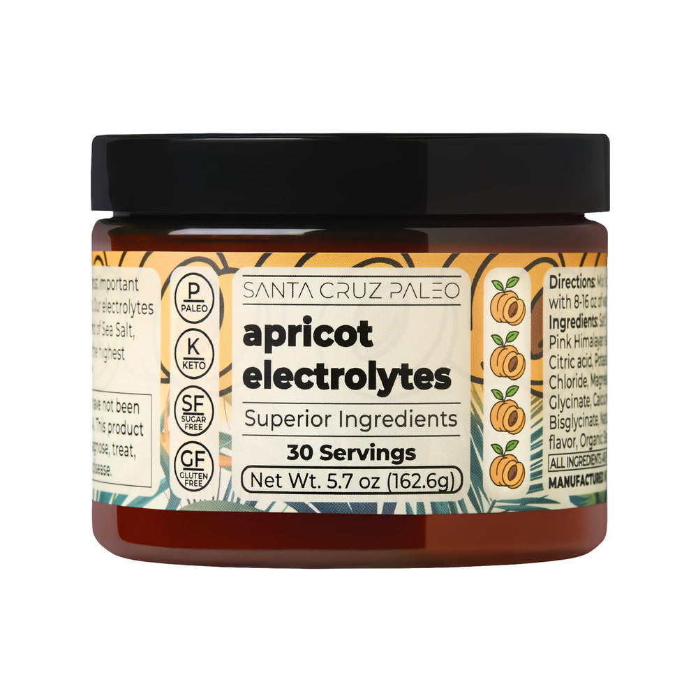 Opened tub of Santa Cruz Paleo Apricot Electrolyte showing compact size