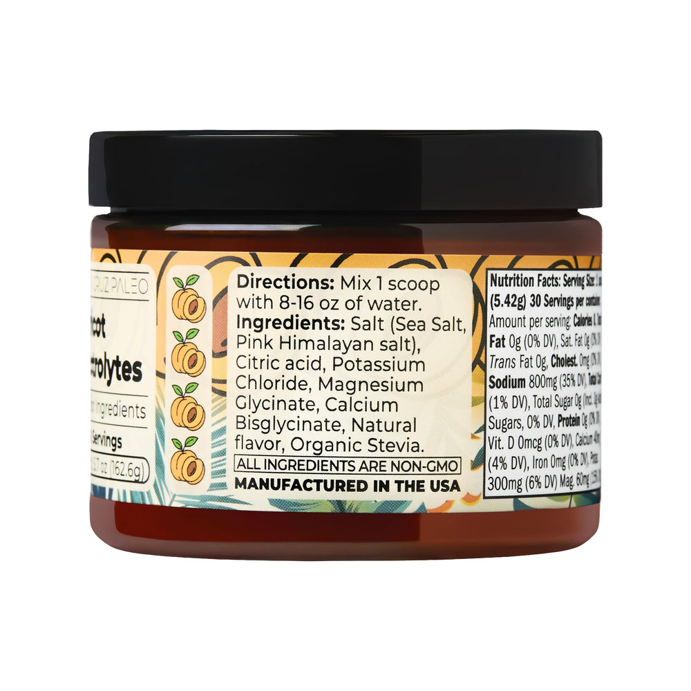 Front view of Santa Cruz Paleo Apricot Electrolyte packaging