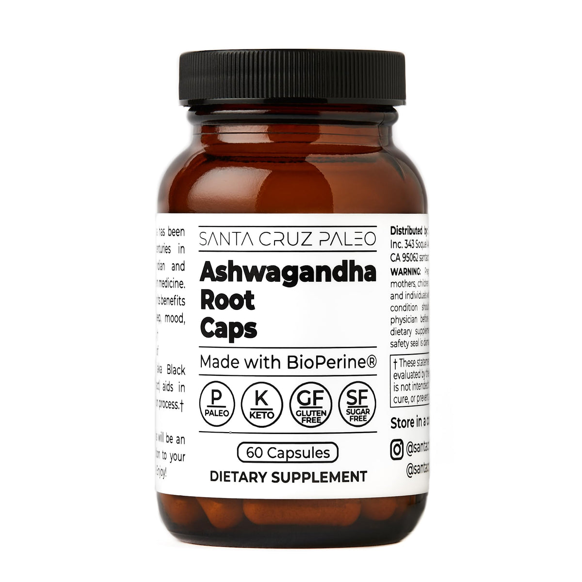 Santa Cruz Paleo Ashwagandha 600mg capsules bottle for daily focus.