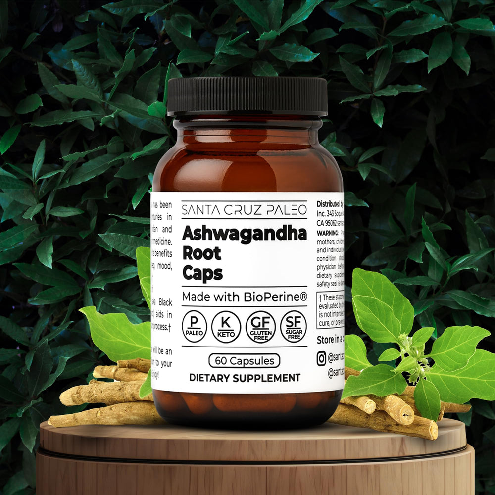 Santa Cruz Paleo Ashwagandha bottle label closeup with clean formula.