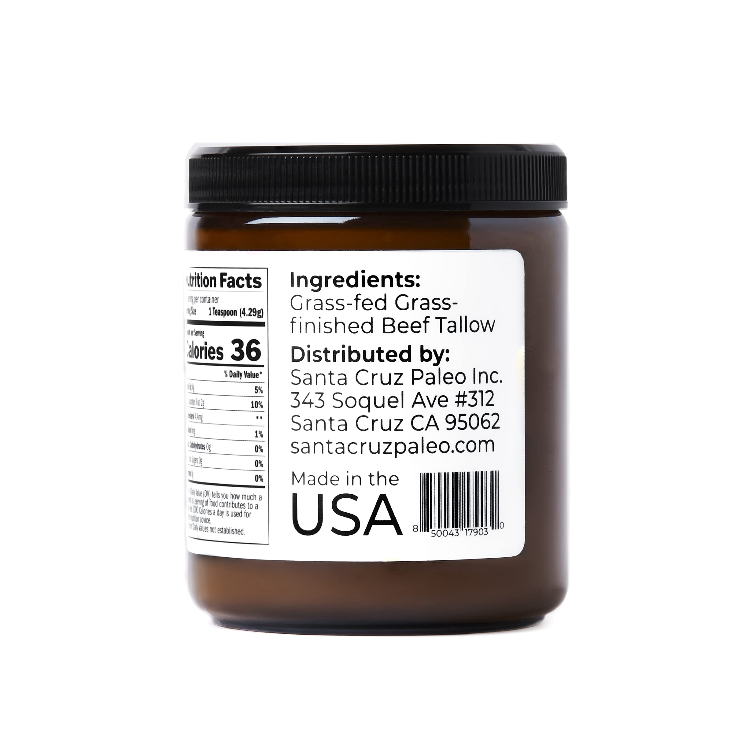 Glass jar of Santa Cruz Paleo beef tallow on clean surface.