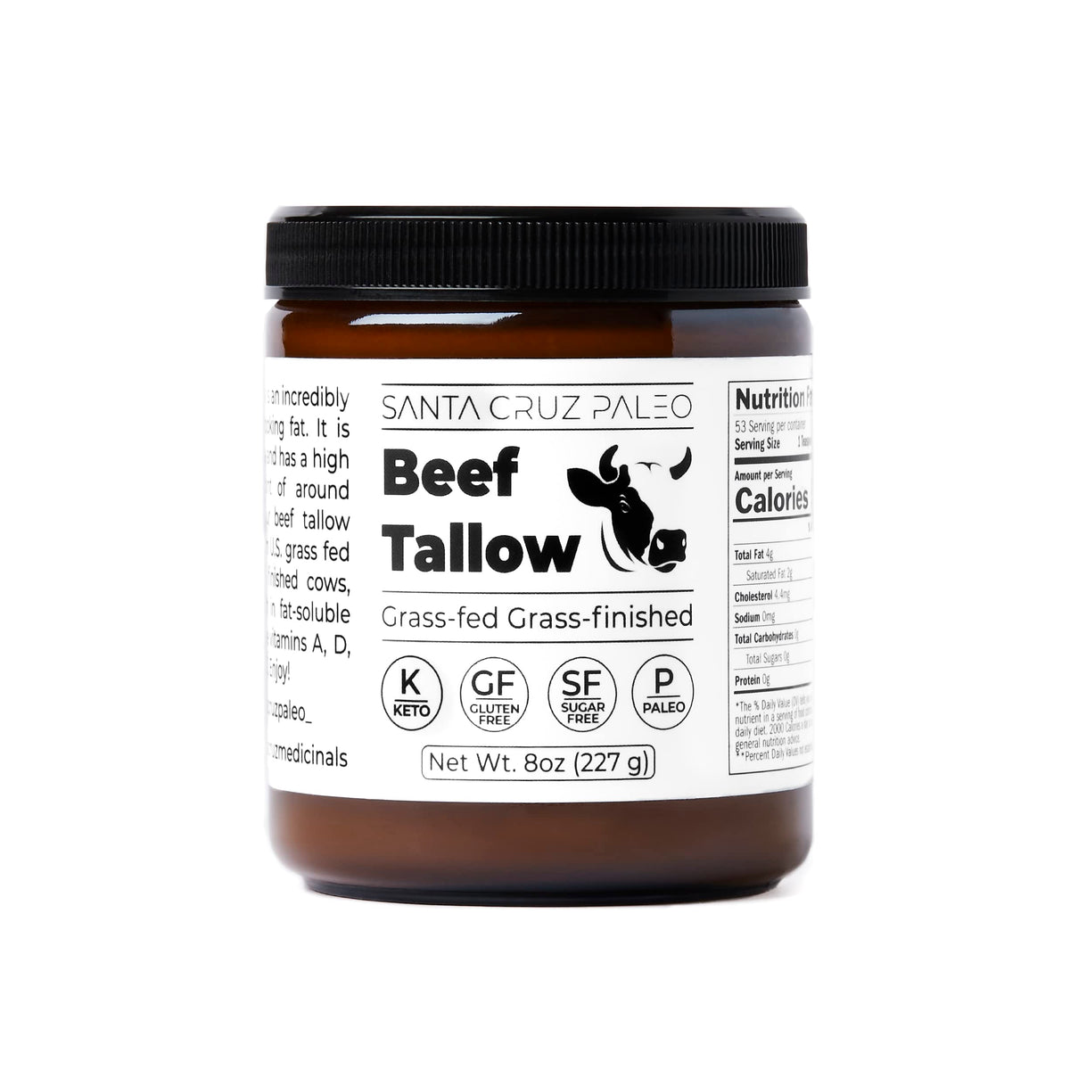 Santa Cruz Paleo Beef Tallow jar front—versatile for skin care and cooking.