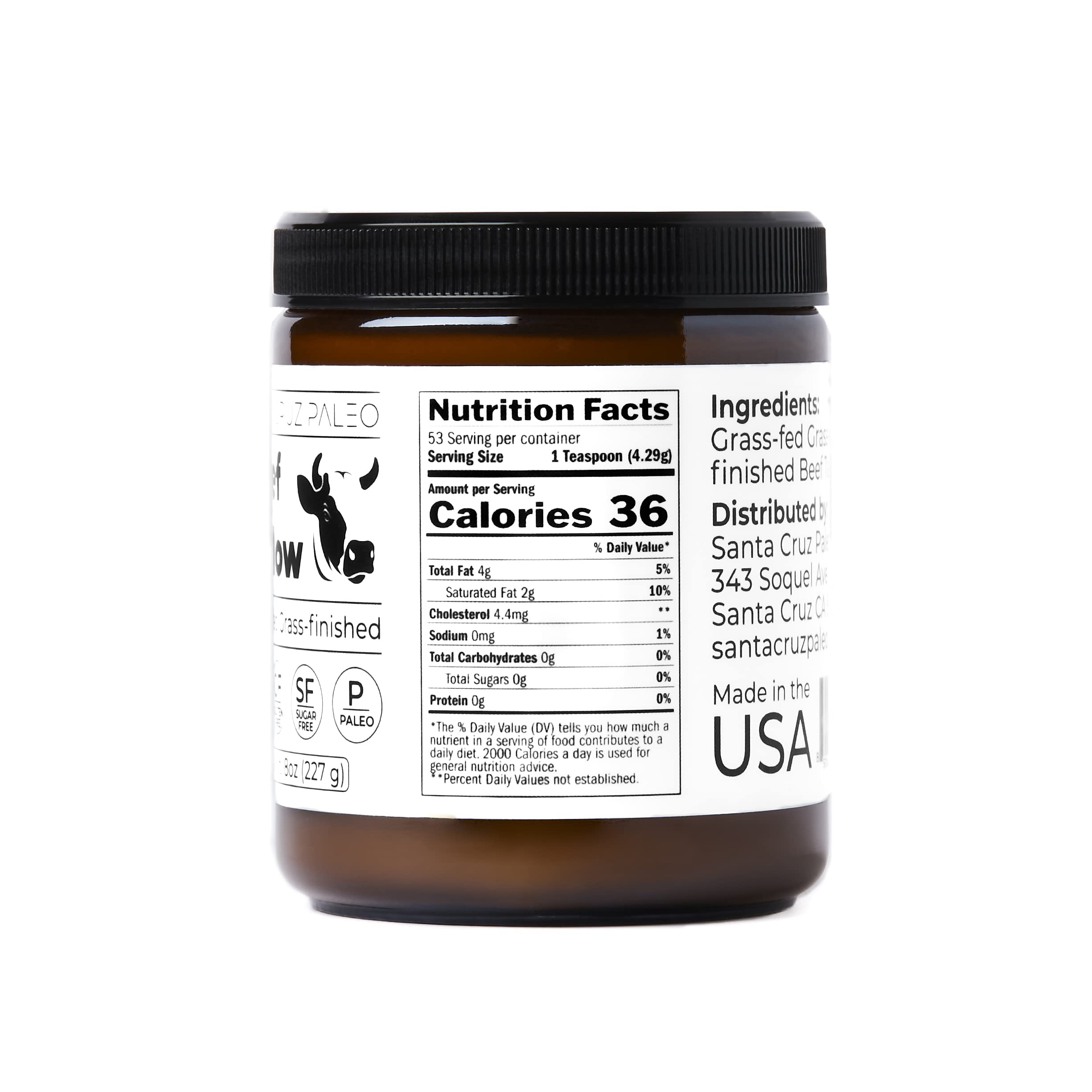 Santa Cruz Paleo label closeup—grass-fed sourcing and single-ingredient tallow.