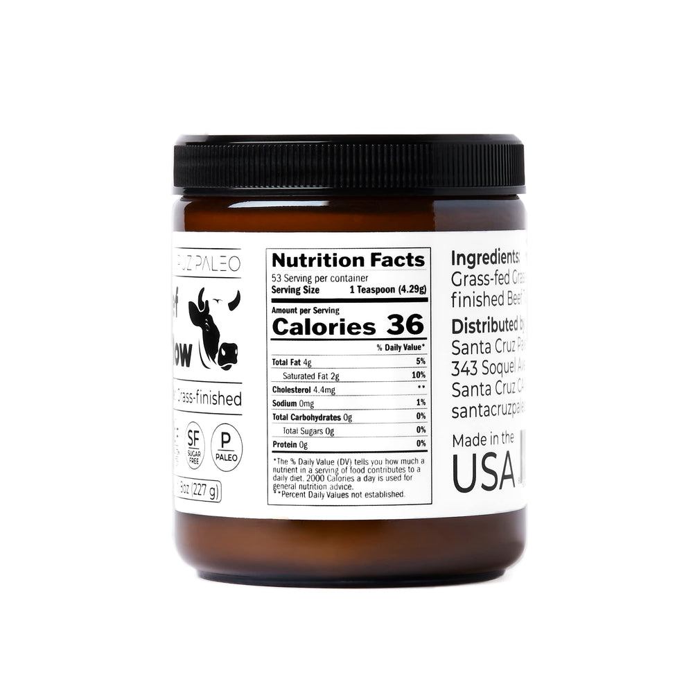 Santa Cruz Paleo label closeup—grass-fed sourcing and single-ingredient tallow.