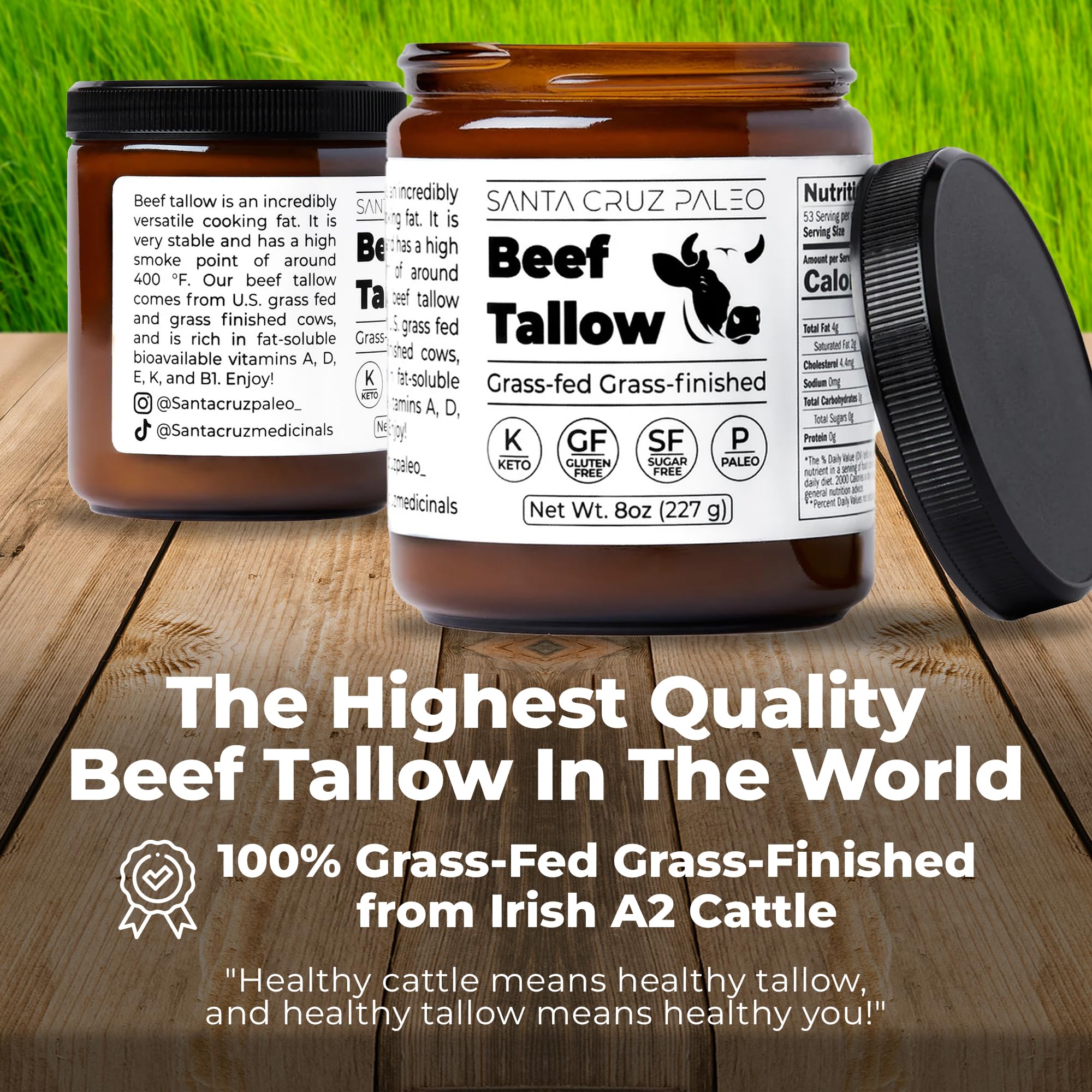 Label highlights vitamins A, D, E, K on Santa Cruz Paleo tallow.