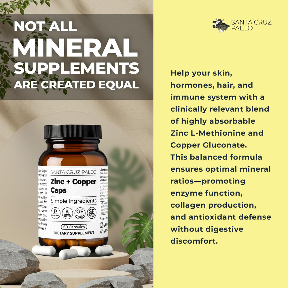 Santa Cruz Paleo capsule closeup reveals a vegetable capsule with zinc and copper.