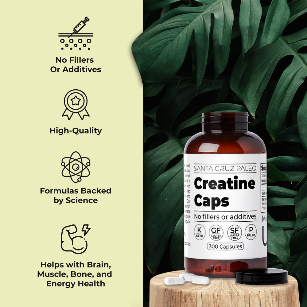 Santa Cruz Paleo Creatine capsules close-up showing vegetarian capsule design.