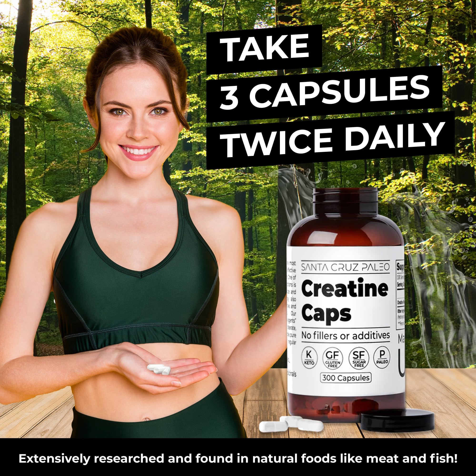 Santa Cruz Paleo Creatine capsules with glass of water for easy dosing.