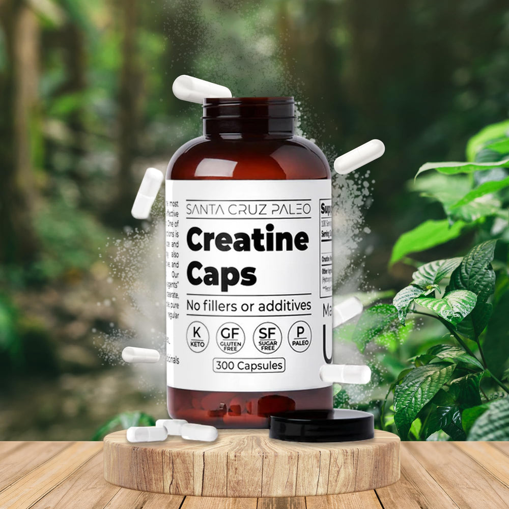 Santa Cruz Paleo Creatine bottle displays USA-made quality badge.