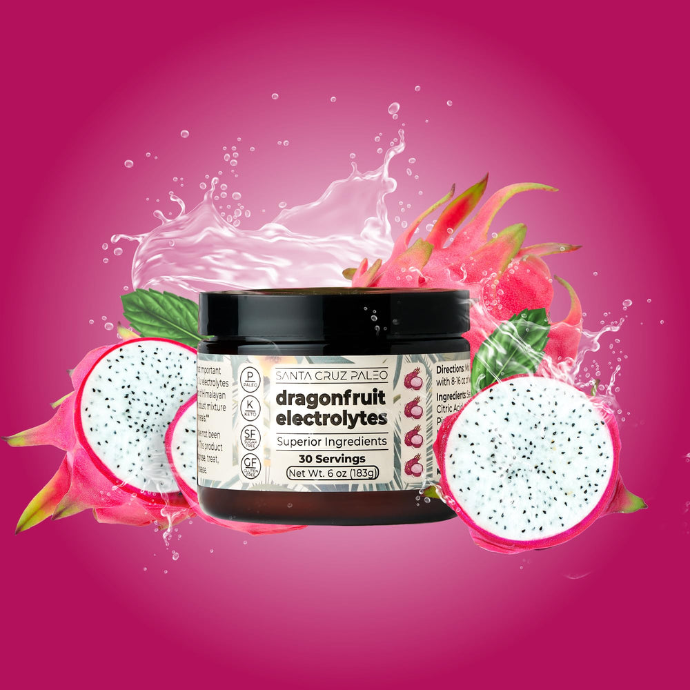 Santa Cruz Paleo Electrolyte Dragon Fruit label close-up highlights natural minerals.