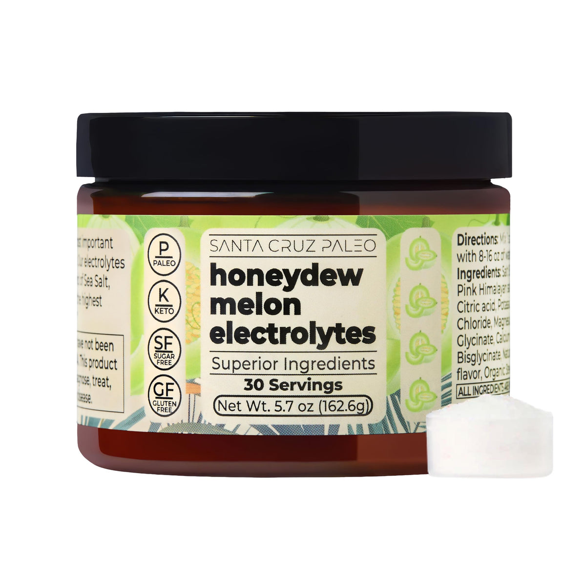 Santa Cruz Paleo Electrolyte Powder Honeydew Melon blends in water for easy hydration.