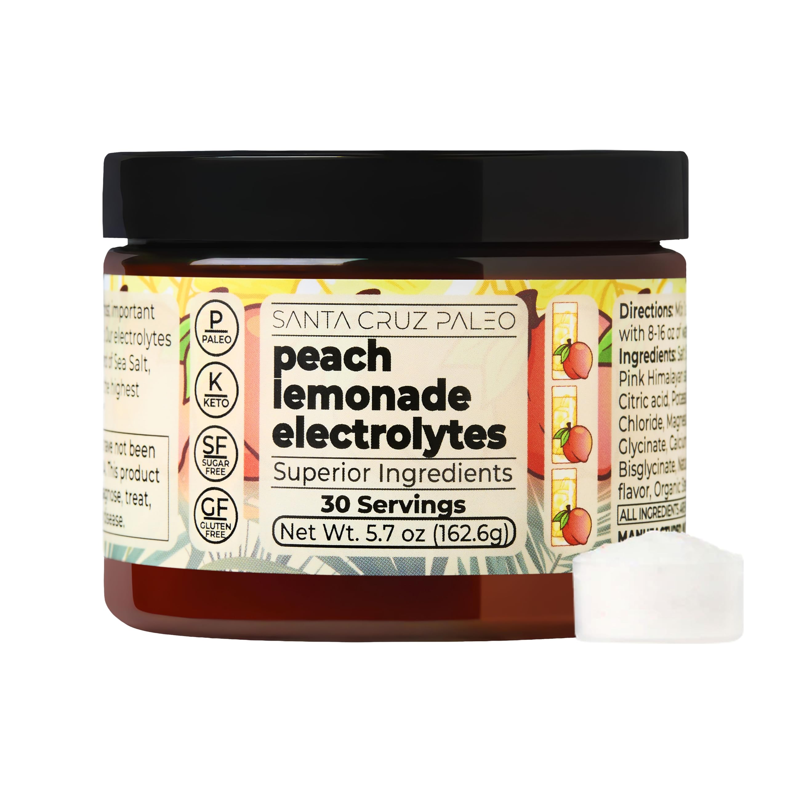 Santa Cruz Paleo Electrolyte Powder peach lemonade tub for refreshing, sugar-free hydration on hot days