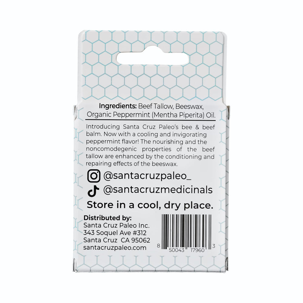 Close-up of Santa Cruz Paleo grass-fed beef tallow lip balm texture and ingredients.