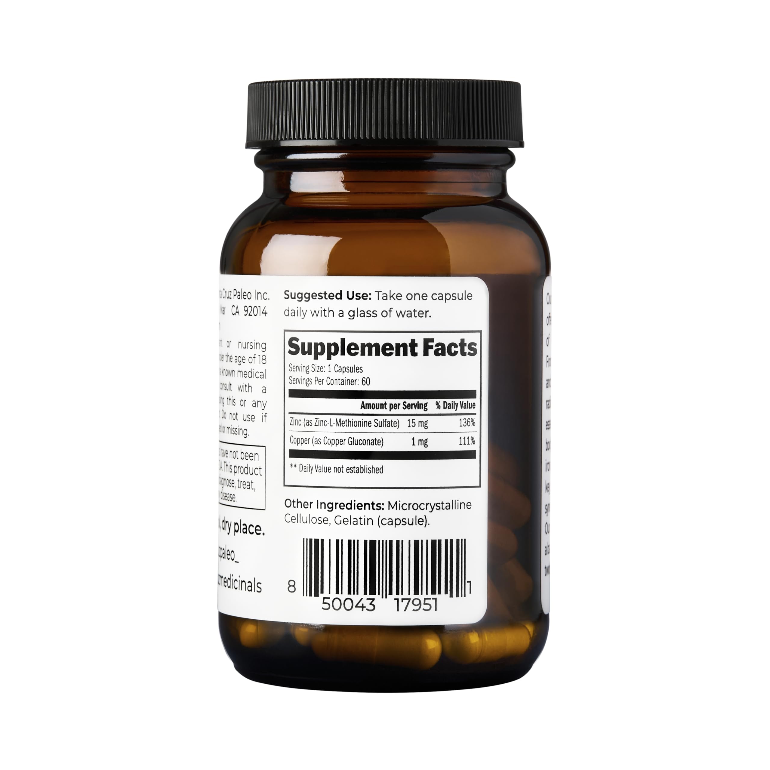 Santa Cruz Paleo ingredients include zinc L-methionine and copper gluconate for balanced intake.