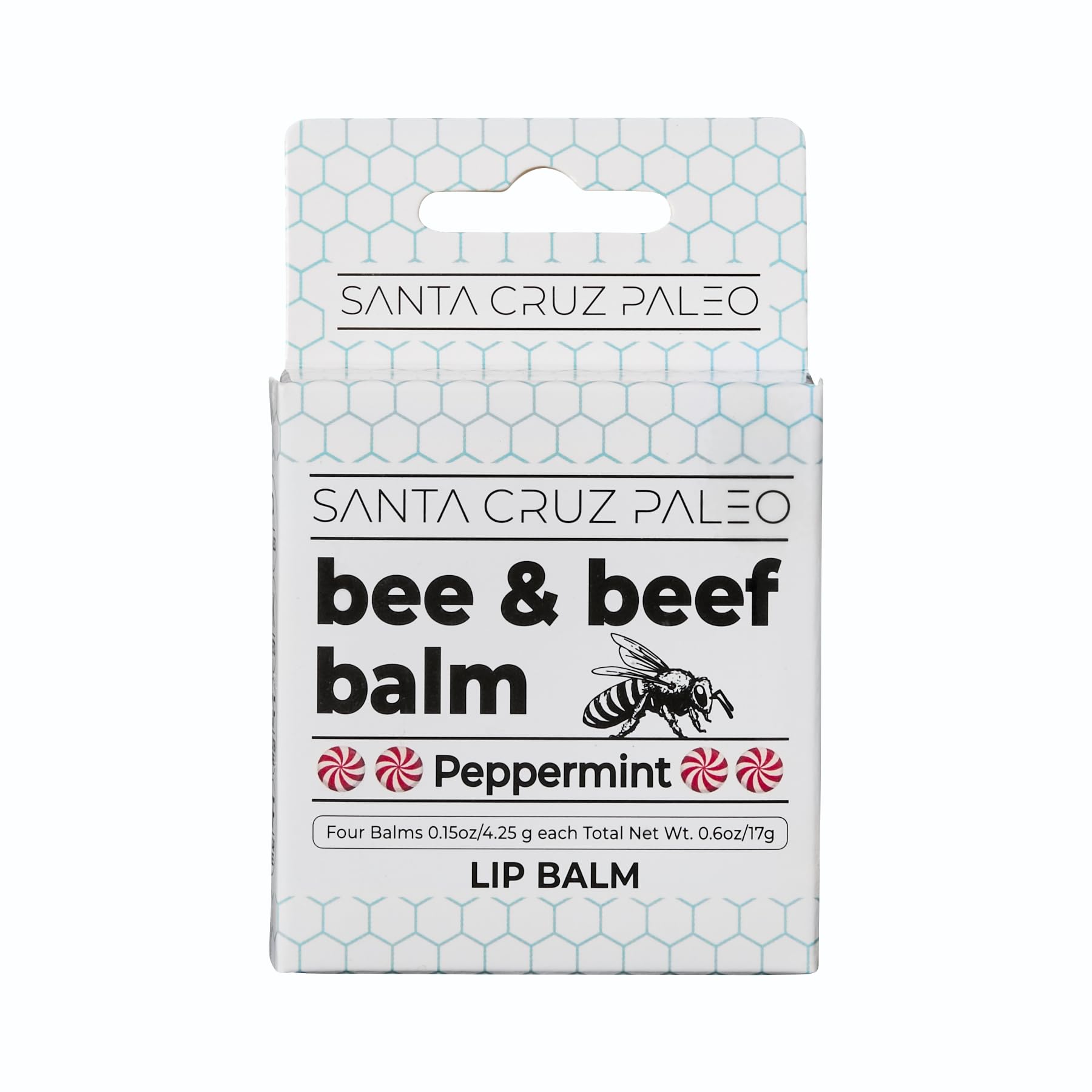 Santa Cruz Paleo lip balm pack front view, peppermint scent, for daily lip hydration.