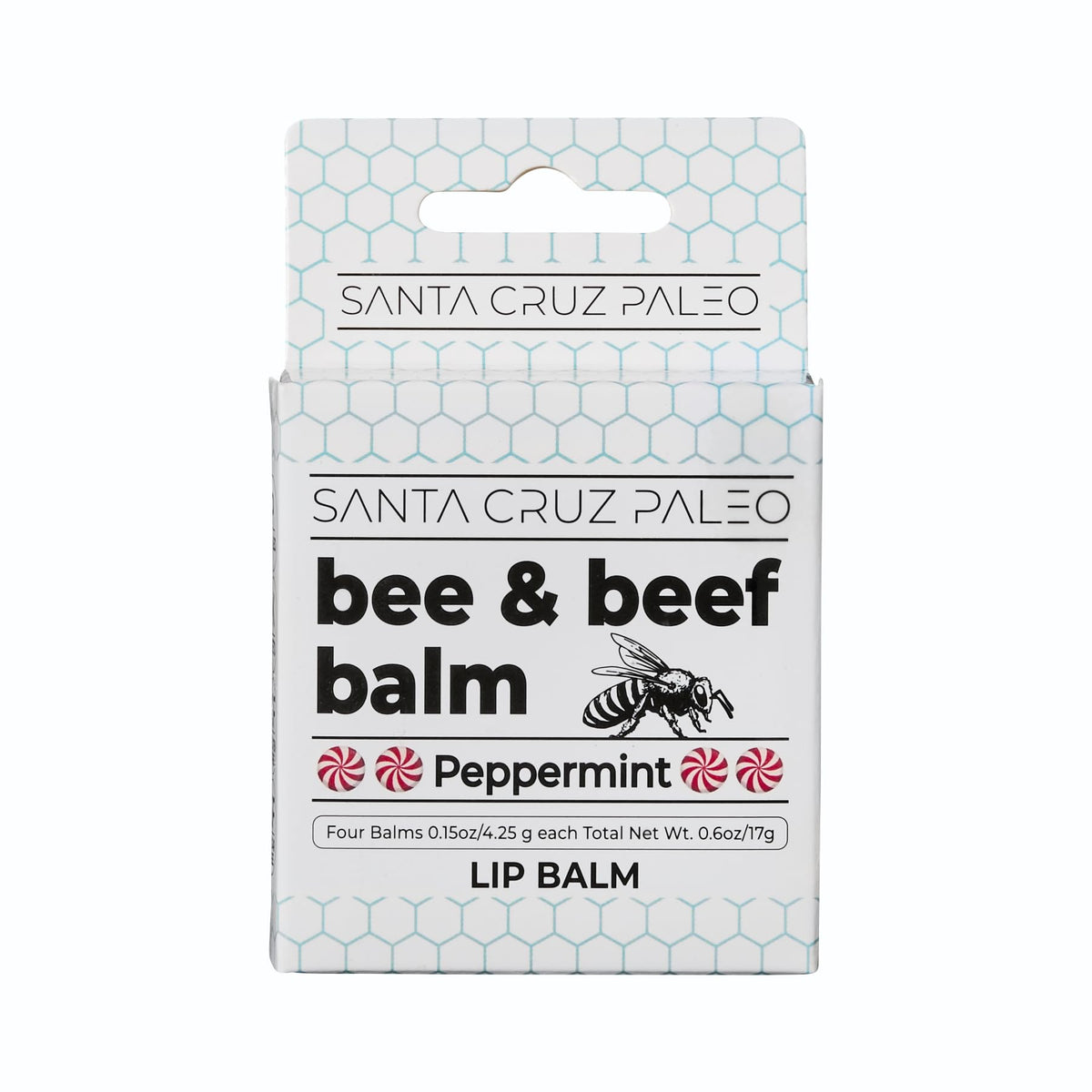Santa Cruz Paleo lip balm pack front view, peppermint scent, for daily lip hydration.