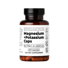 Santa Cruz Paleo magnesium + potassium capsules bottle on shelf, promoting daily mineral support.