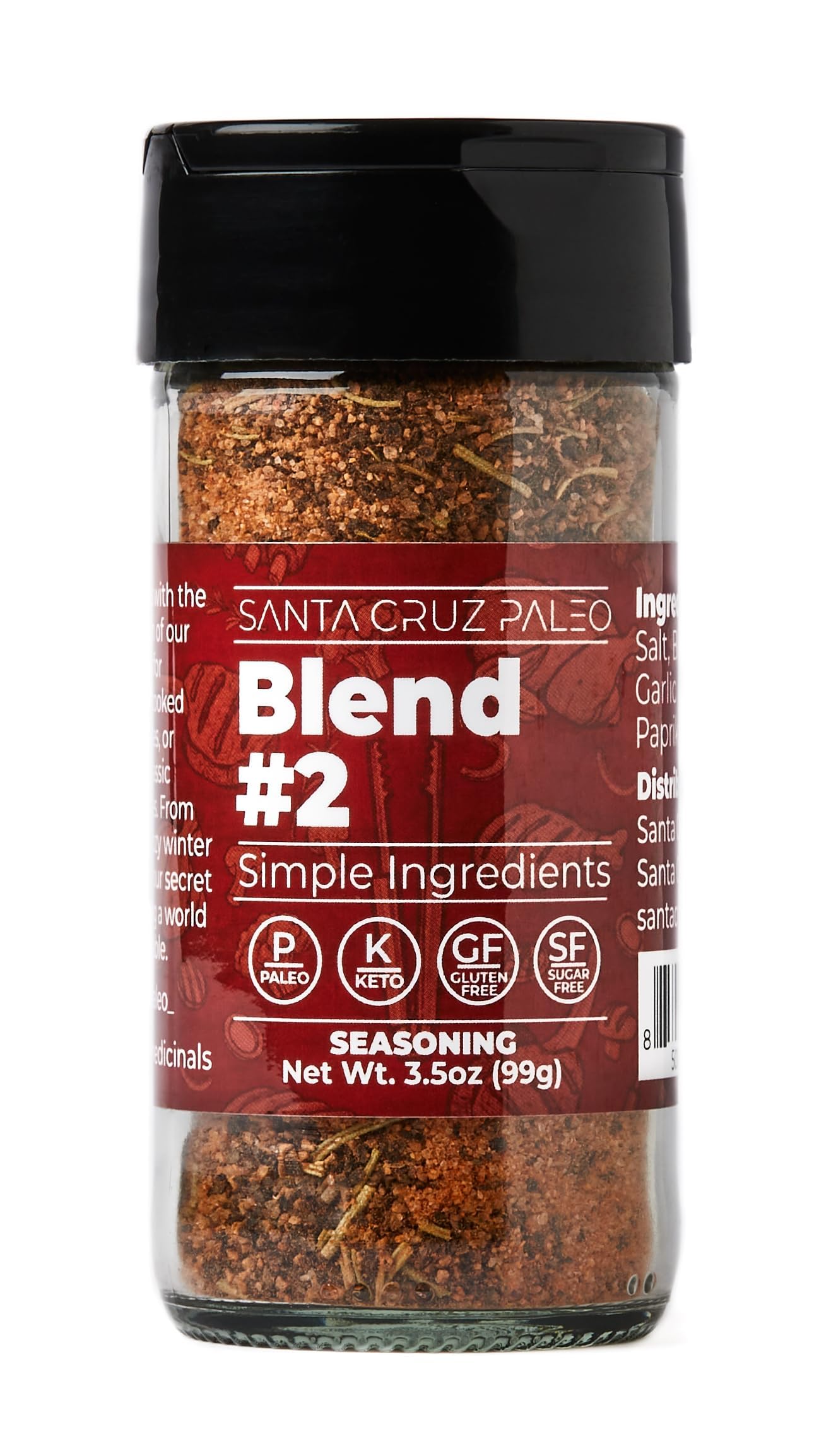 Santa Cruz Paleo Seasoning Blend #2 bottle closeup, smoky paprika flavor for ribs.
