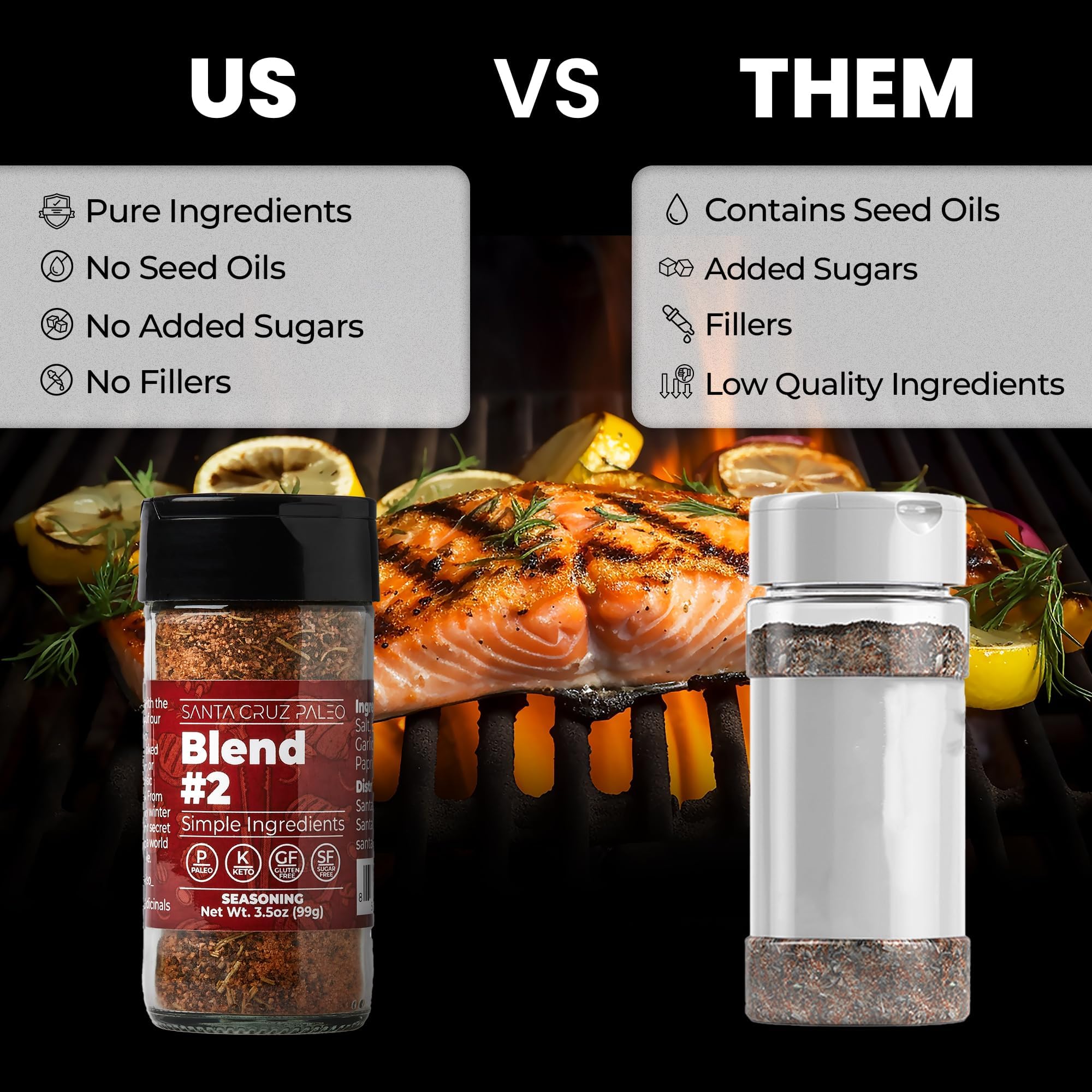Santa Cruz Paleo Seasoning Blend #2 jar on counter with herbs, ideal for chicken wings.