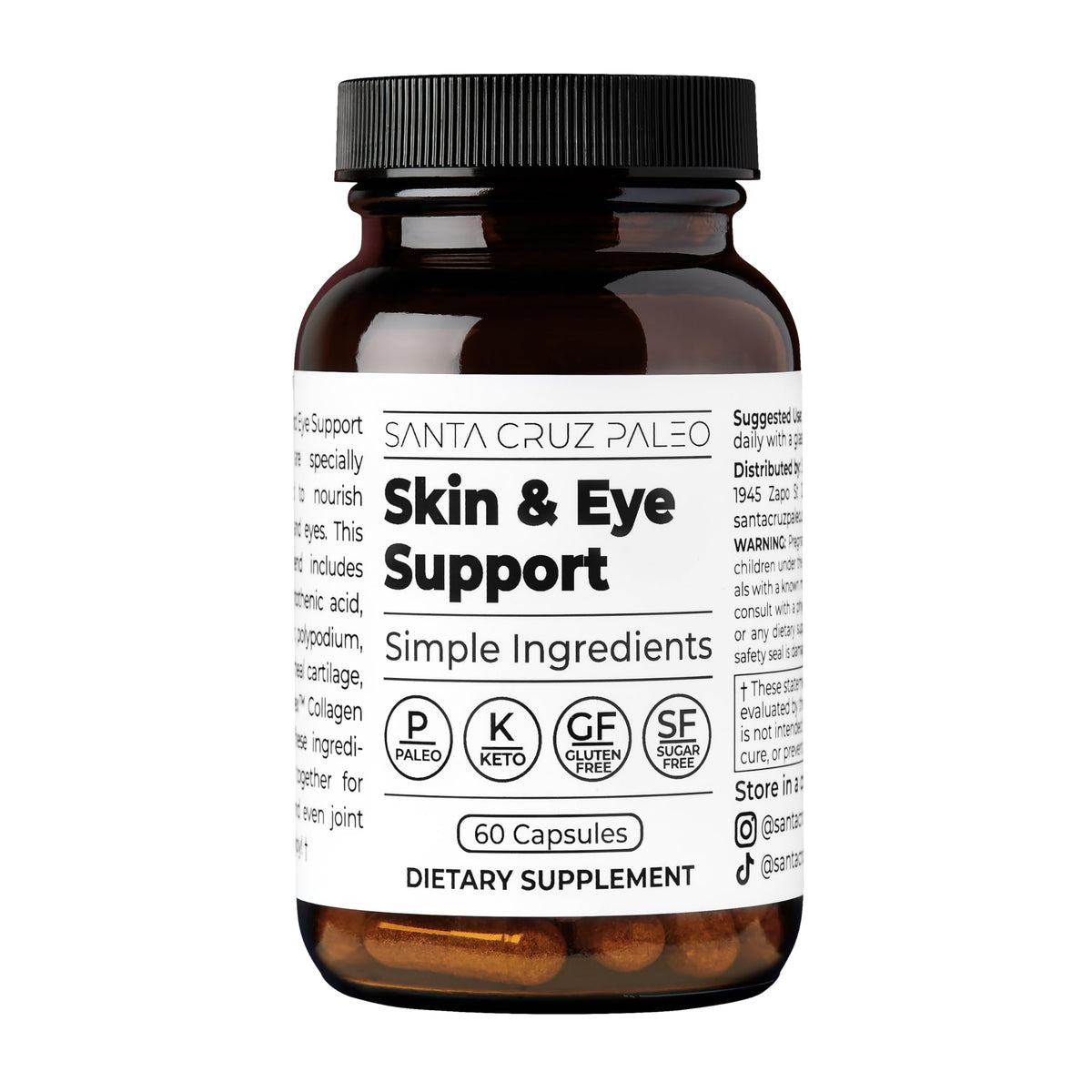 Santa Cruz Paleo Skin & Eye Capsules bottle on shelf with clean-label design.