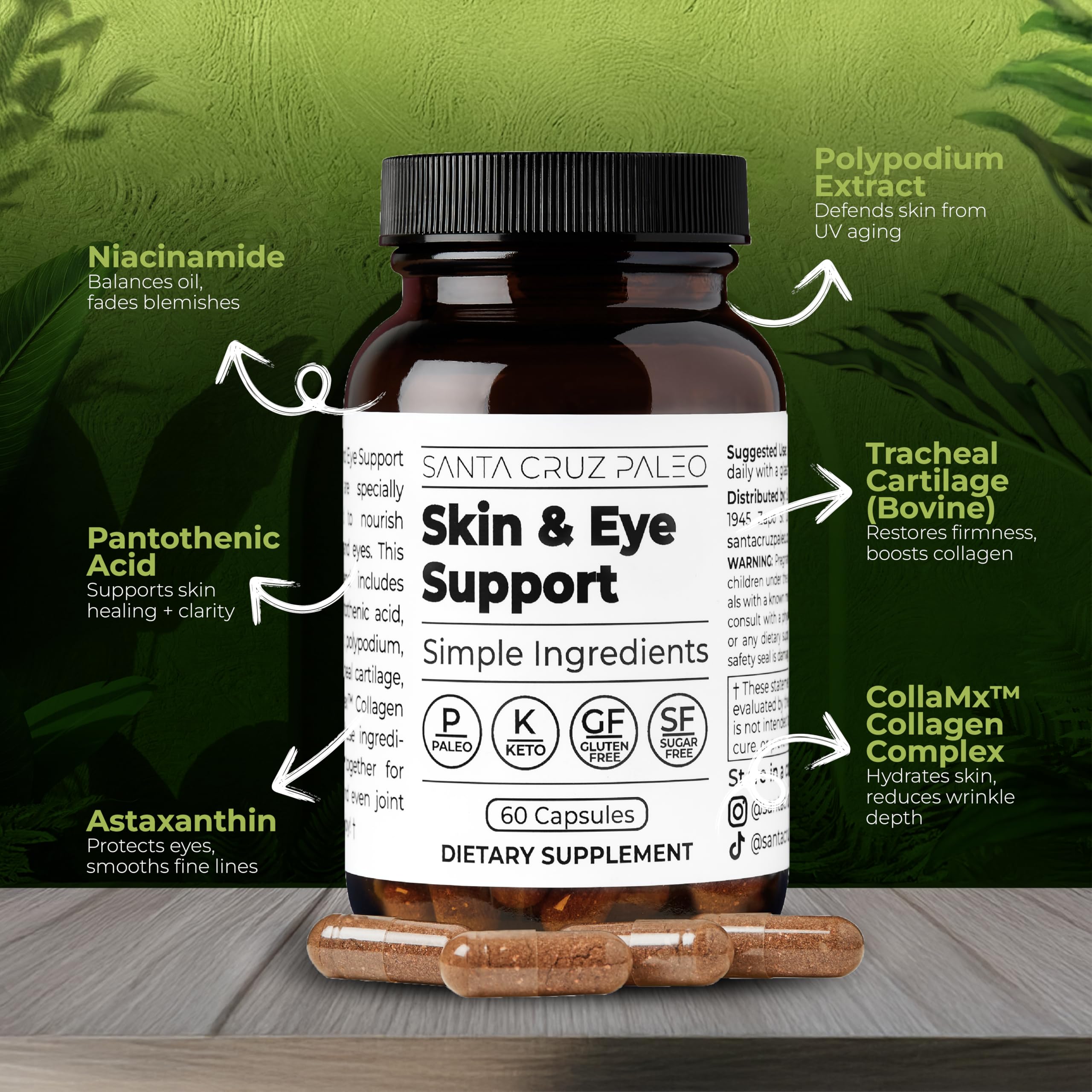 Label close-up on Santa Cruz Paleo shows gluten-free, keto-friendly formulation.