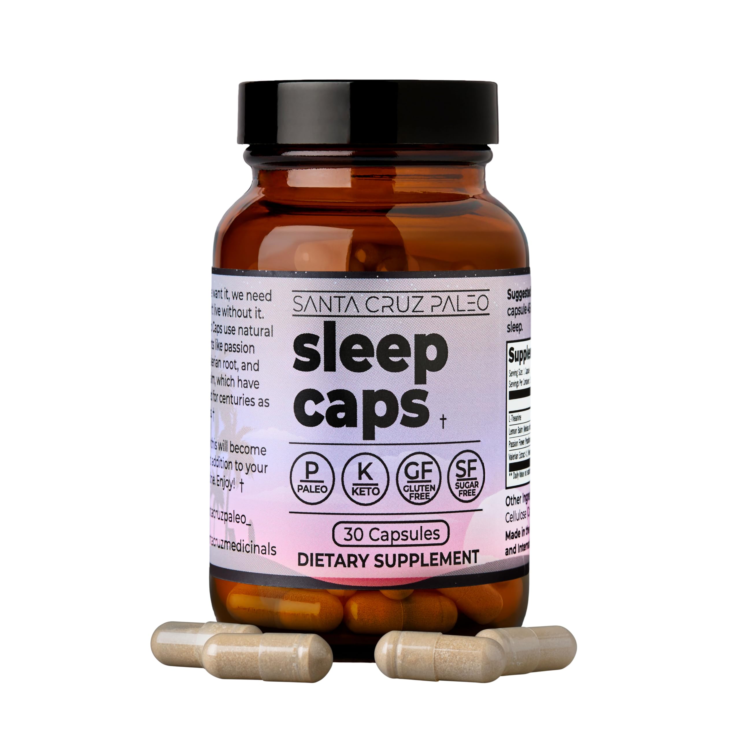 Santa Cruz Paleo Sleep Caps bottle on a nightstand for a calm bedtime routine.