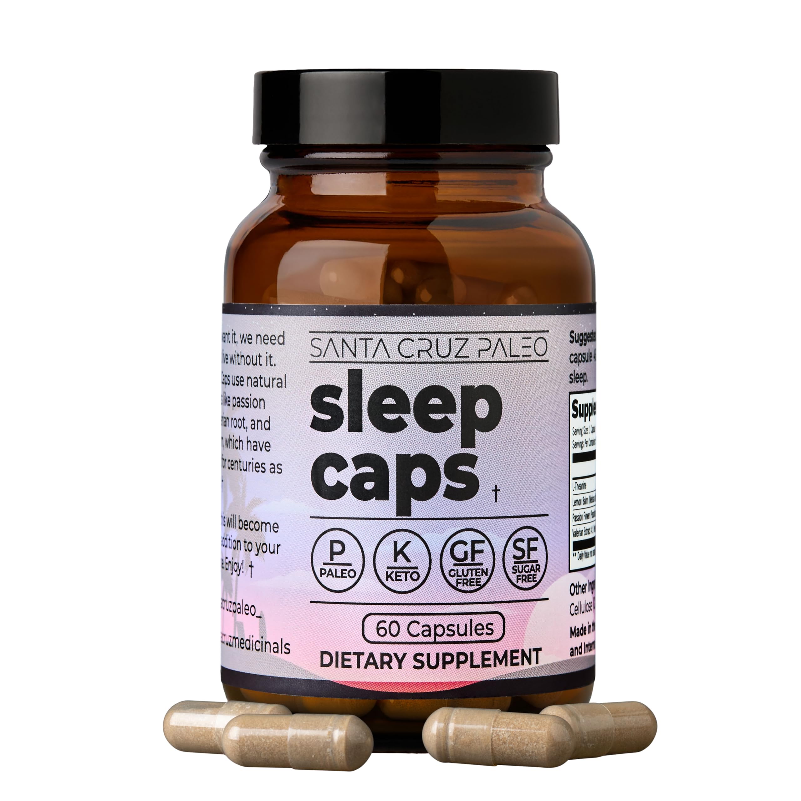 Santa Cruz Paleo Sleep Caps bottle ready for a calm nighttime routine.