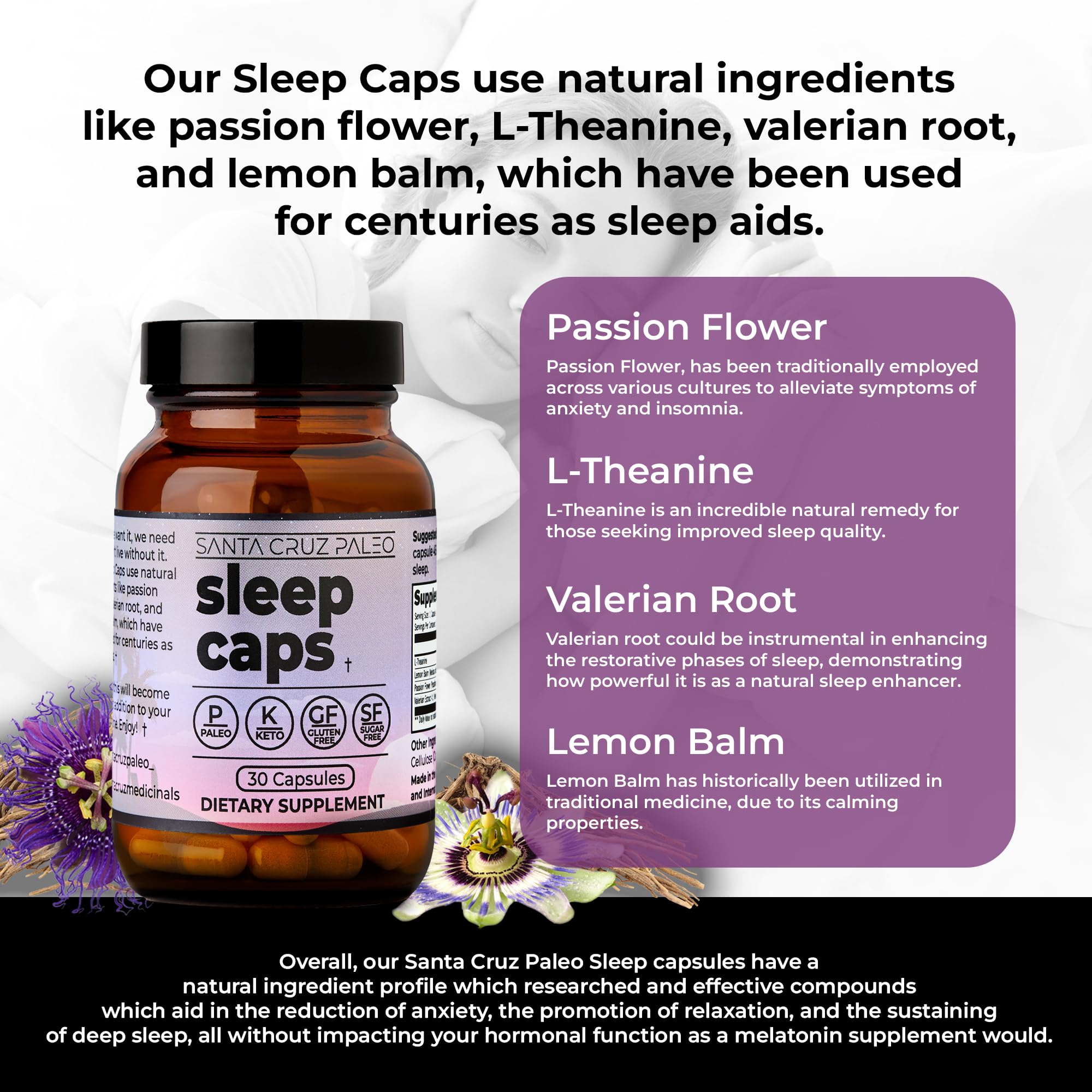 Santa Cruz Paleo Sleep Caps capsules close-up highlighting plant-based relaxation ingredients.