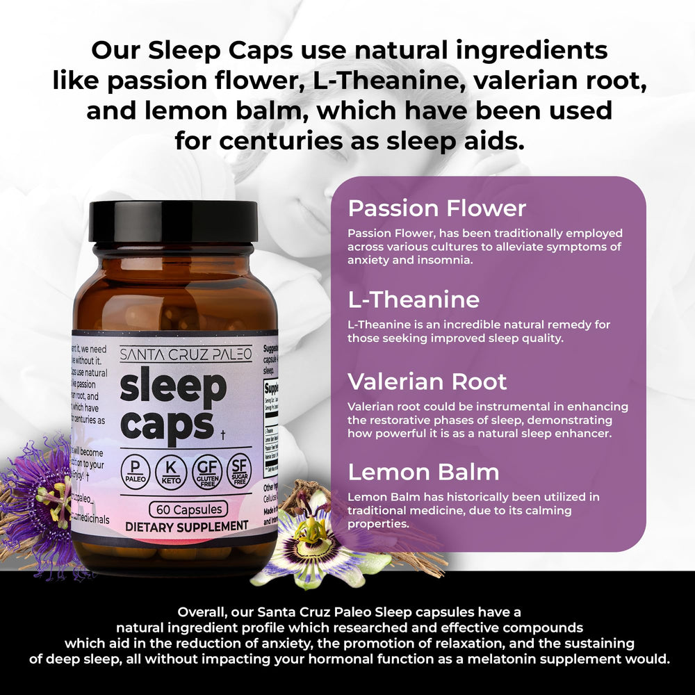 Santa Cruz Paleo Sleep Caps ingredients blend with L-Theanine for a calm evening.