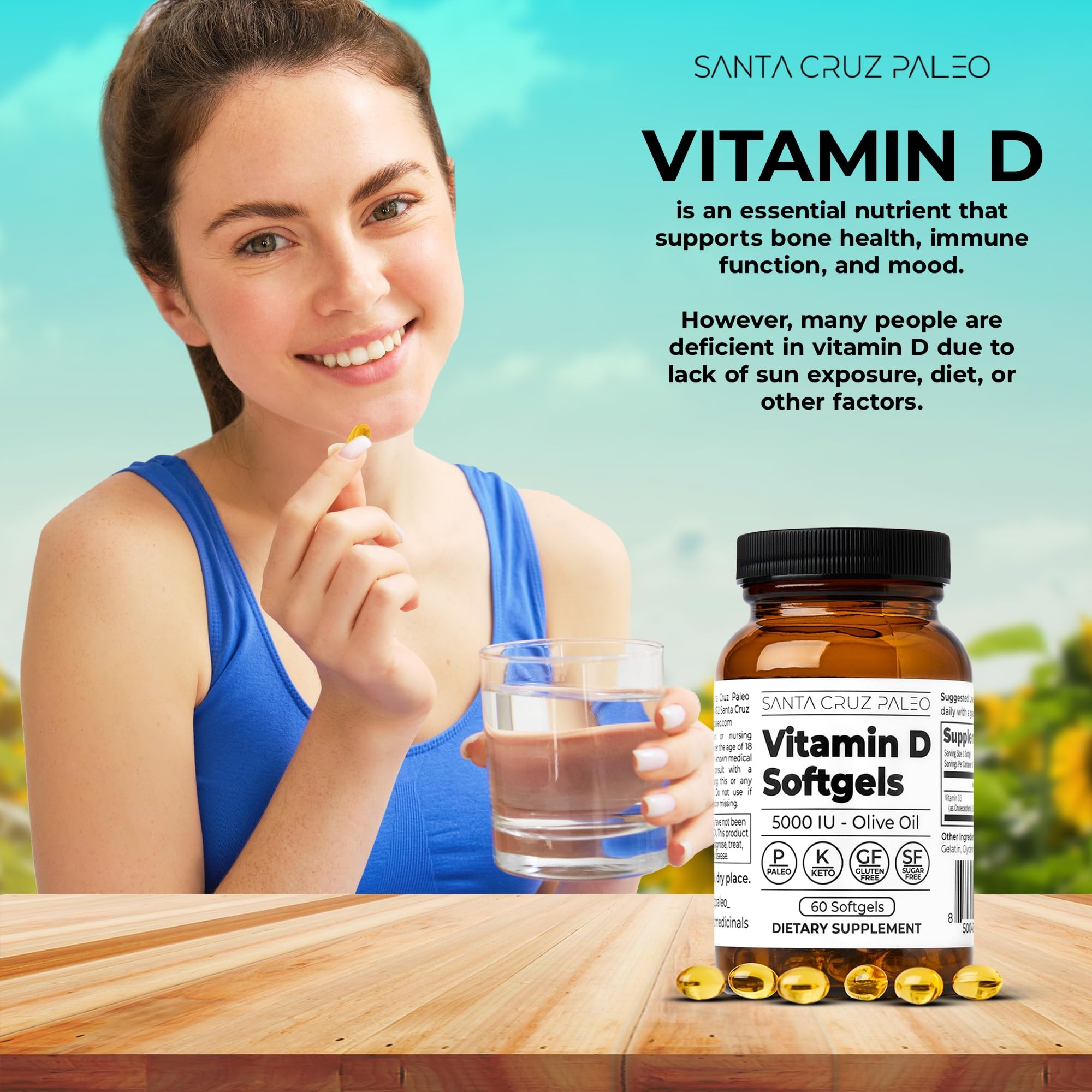 Santa Cruz Paleo Vitamin D3 bottle label emphasizing gluten-free formula for keto-friendly use.